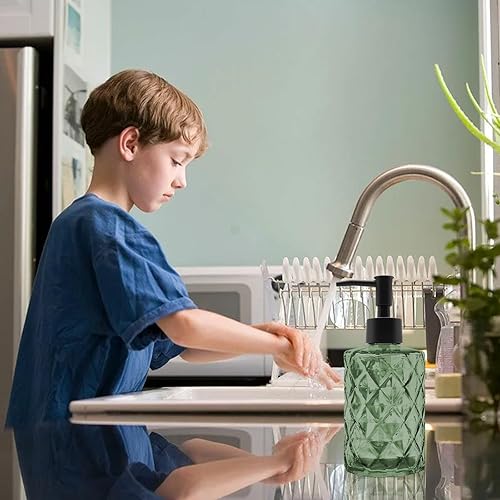 Miniatura 4 de Dispensador de jabón de vidrio verde de 12 onzas con bomba de plástico negro, botellas de jabón líquido recargables para baño, cocina, encimera de