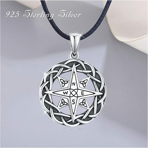 Miniatura 4 de Collar de brújula de plata de ley 925 con piedra lunar celta retro vintage, collar con colgante de brújula para mujeres, hombres, niños y niñas,
