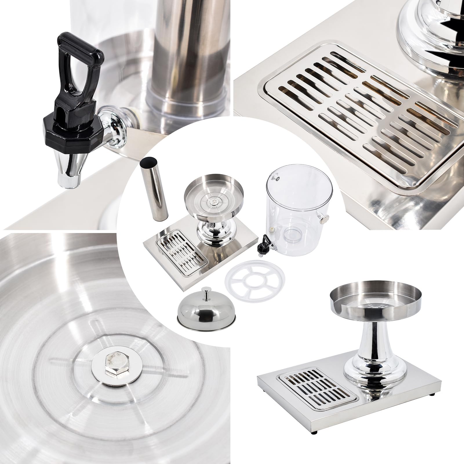 Dispensador comercial de bebidas de acero inoxidable de 8 litros con dispensador de jugo de grifo para bebidas frías y bebidas calientes, para cafeterías, cantinas, servicios de bufé y más (8 L + 8 L)