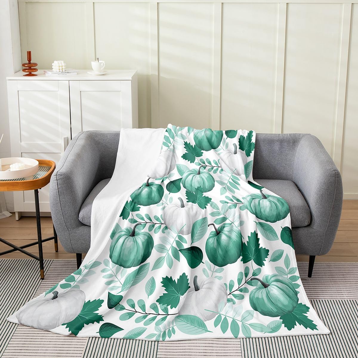 jejeloiu Fall Pumpkin Plush Throw Blanket Rustic Flannel Blanket Queen 90"x90" Farmhouse Autumn Maple Leaves All Season Vintage Country for Couch Bed Sofa White Green Bedroom Decor