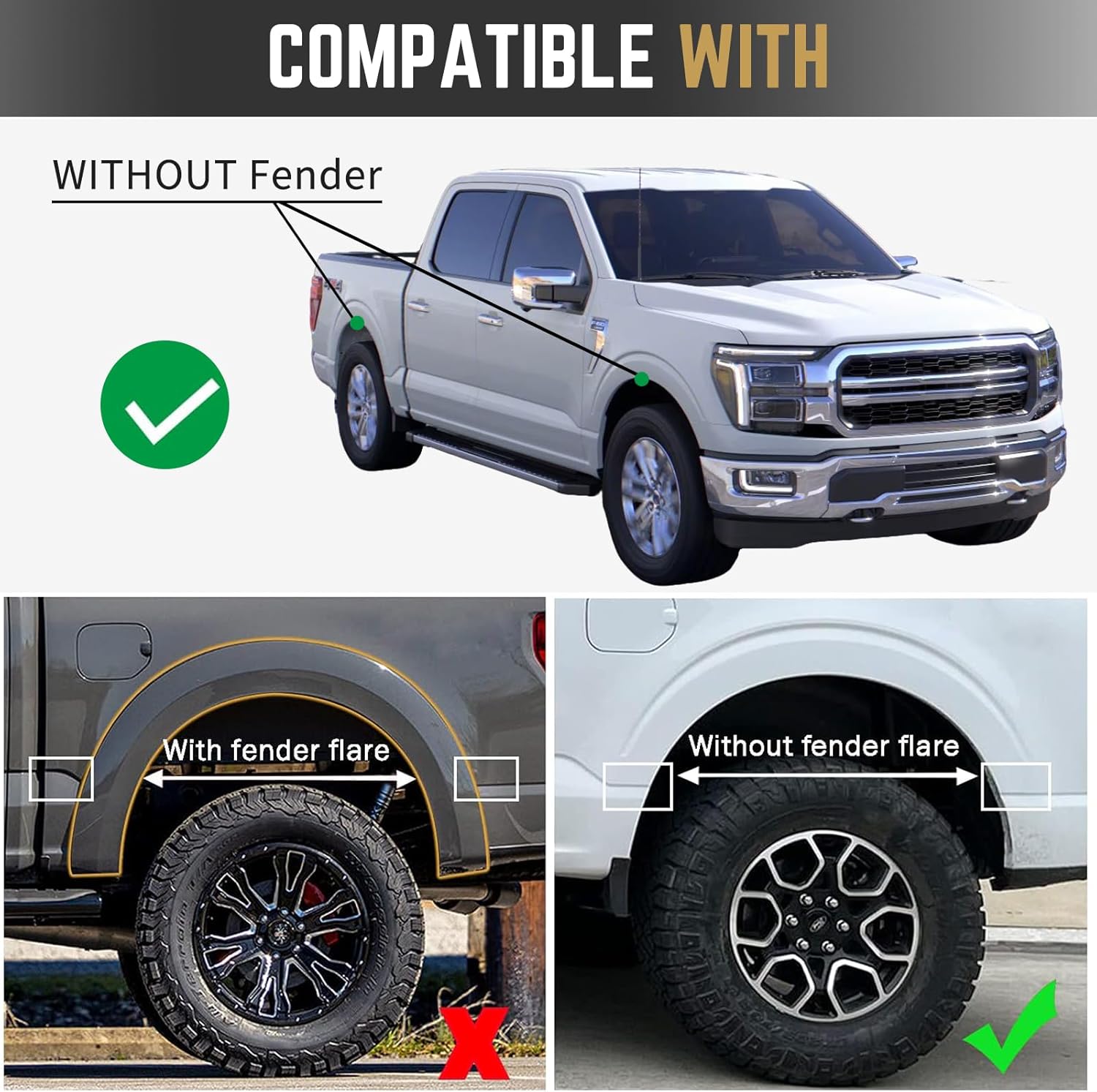 RMOURTEKK Mud Flaps Compatible with Ford F150 2025 2024 2023 2022 2021 (Excludes Raptor Models) Without OEM Fender Flares Front & Rear Mud Guards Black Mud Guard Set(4pc Set)