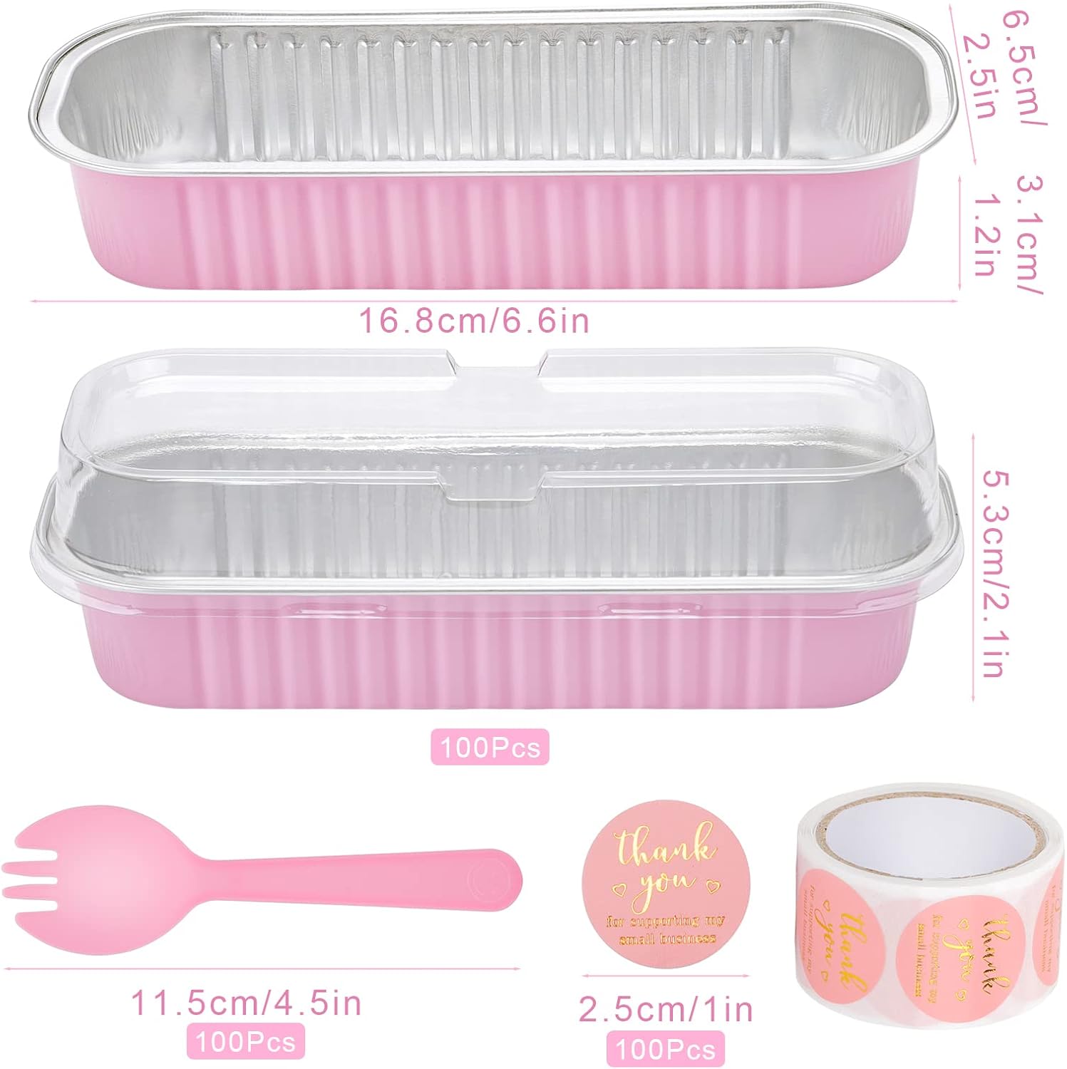 100Pack Pink Mini Cake Pans with Lids Mini Loaf Pans and Spoons and Stickers, 6.8Oz Aluminum Foil Pans Tins, Individual Dessert Cups Containers for Sales,Party,Picnic