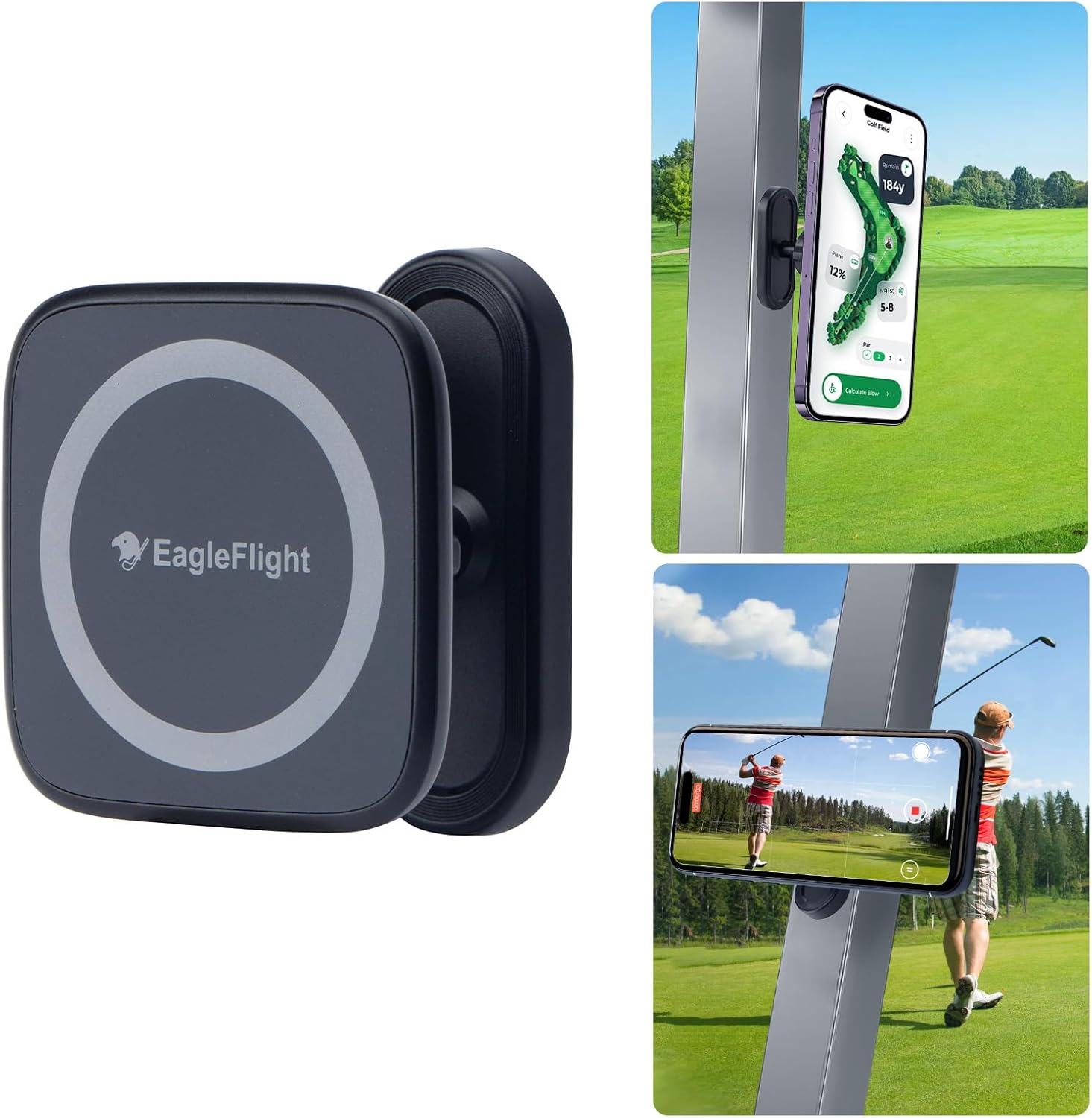EagleFlight Magnetic Golf Cart Phone Holder - 360° Rotation Mount for iPhone 16/15/14/13/12, Fits Yamaha/Club Car/EZGO, Powerful Magnet Golf Cart Cell Phone Mount, Ideal Golf Gifts for Men
