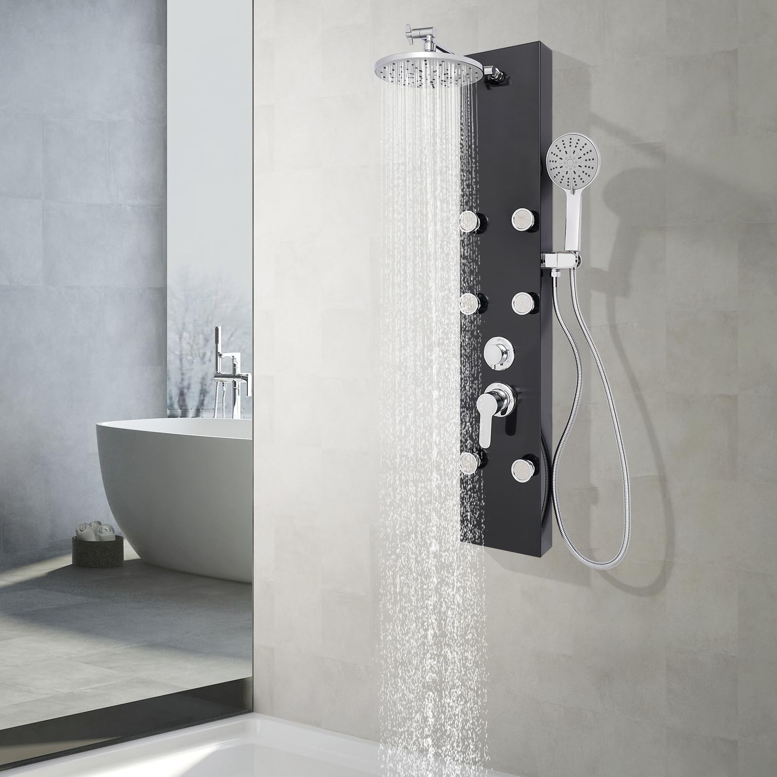 Duschpaneel mit 6 Massagedüsen Kopfbrause Handbrause Wandmontage Edelstahl Schwarz