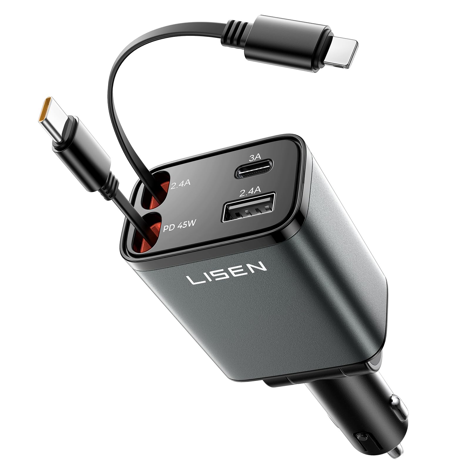 LISEN 車充電器 巻き取り式 シガーソケットUSB 4in1 PD45W急速充電