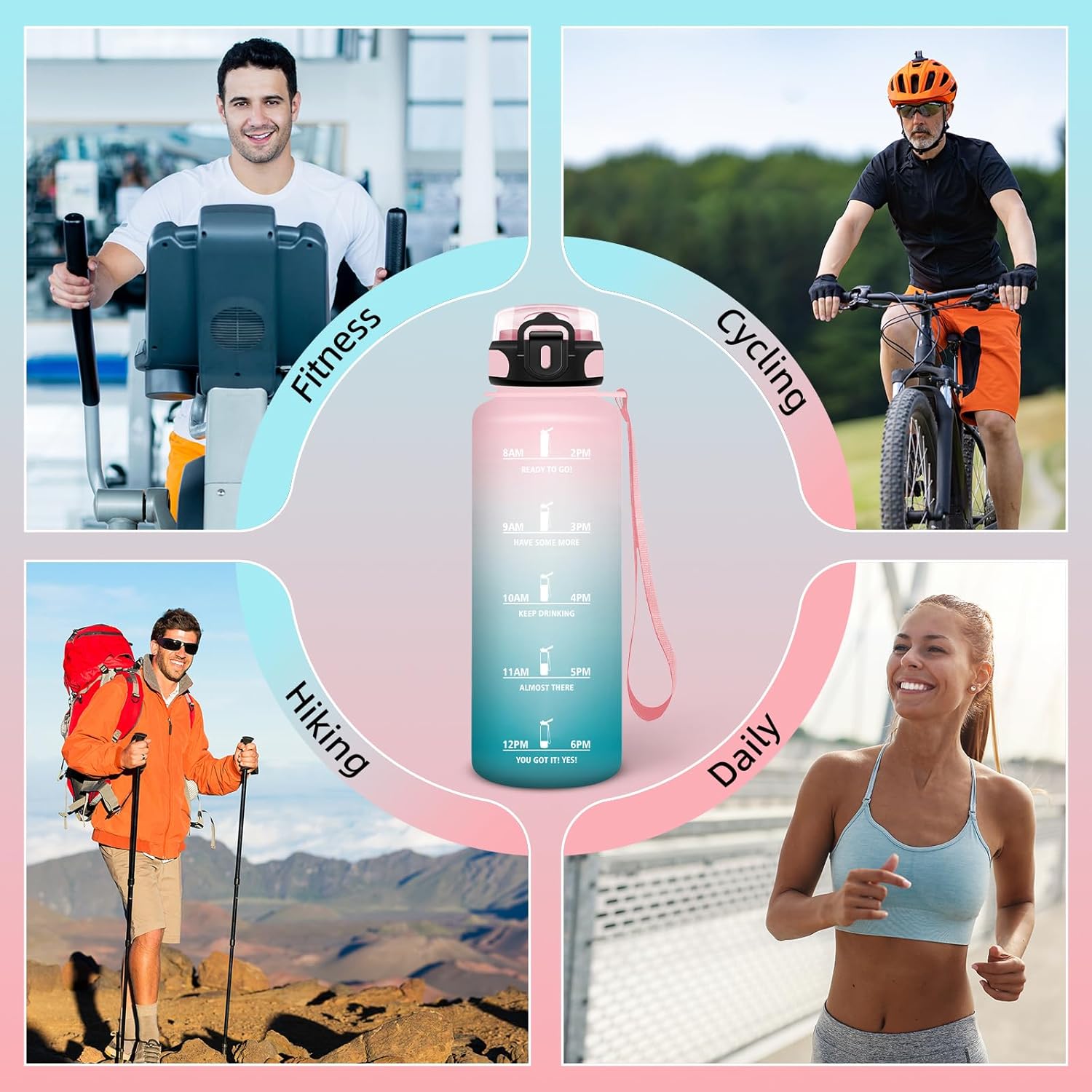 Sports Bottle, 1.5 L Leak-Proof, Graduated Water Bottle with Straw, Reusable Bottle with Time Marker, Weight Training, Easy to Clean, Bottle for Running, Hiking, Camping, Cycling