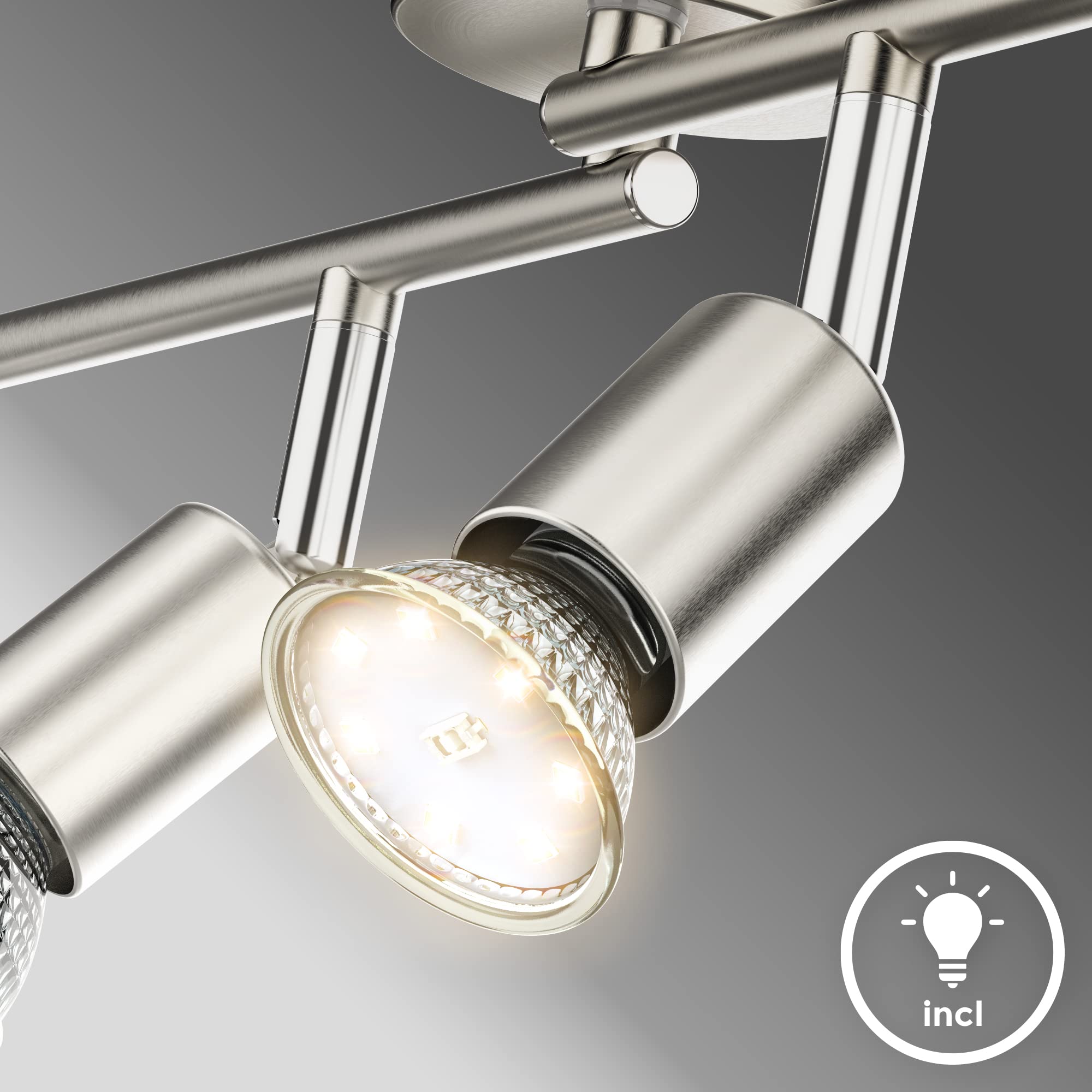 B.K.Licht plafonnier LED 4 spots pivotants & orientables, inclus 4 ampoules LED 2,9W GU10, barre spots plafond salon salle à manger cuisine couloir, 2 bras tournants, lumière blanche chaude