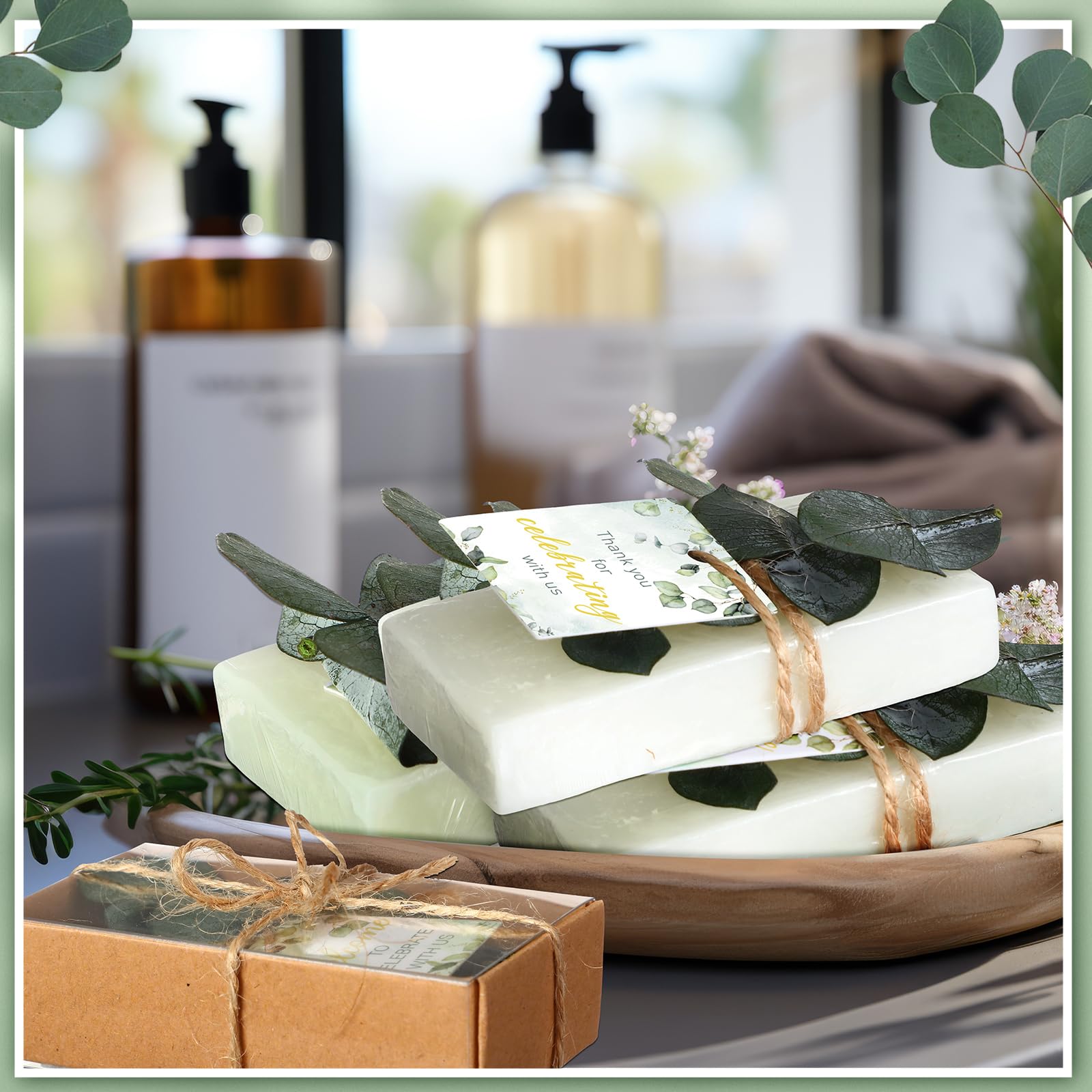 50 Sets Mini-Eukalyptus-Seifen, handgefertigte Seifen, Hochzeitsseife, Partygeschenke, Babyparty-Geschenke für Gäste, mit Dankeskarten, Box für Brautparty, Hochzeit
