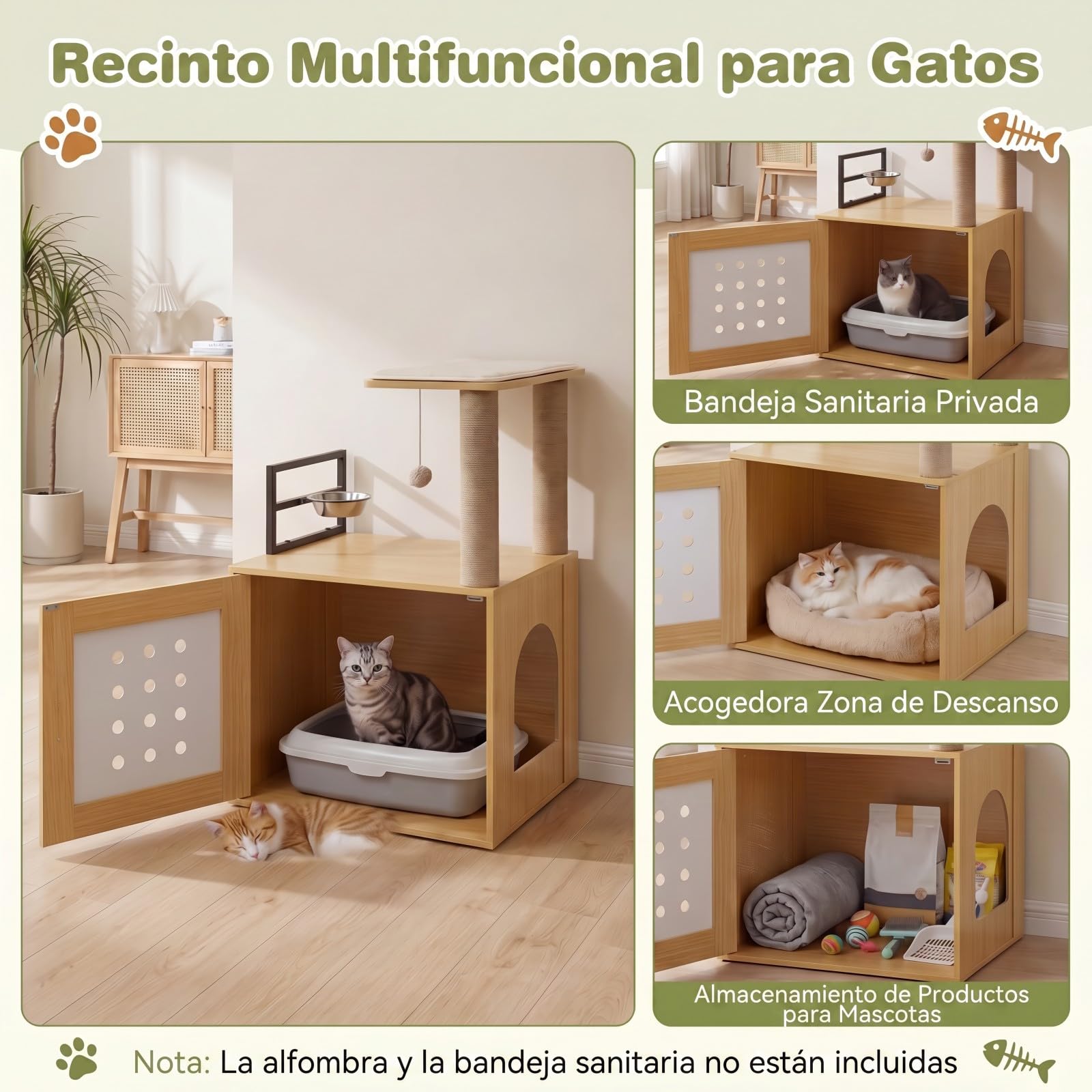 GOPLUS Árbol Rascador para Gatos de Múltiples Niveles, Altura 117,5 cm, Torre para Gatos con Recinto para Caja de Arena, Postes Rascadores de Sisal, Condo, Alimentación y Bola Colgante (Natural)