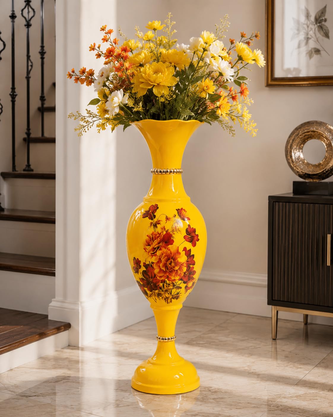 Procyon Decorative Flower Vase for Home Decor | Tall Metal Floor Vase for Living Room & Hall | Big Size Designer Flower Pot with Floral Print for Interior Styling (24 Inch, Yellow)-image-1