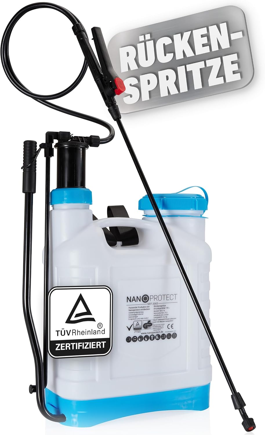 Nanoprotect Rückenspritze | 16 Liter | Leistungsstarke Gartenspritze mit 3 verstellbaren Düsen | Säurebeständig | TÜV-geprüft | Gartensprüher mit Schultergurten und extralangem Schlauch | Sprühgerät