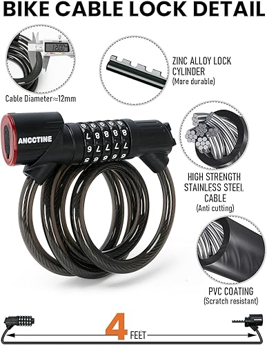 Miniatura 3 de Cable de bloqueo de bicicleta con luz LED trasera de bicicleta y luz de teclado, IPX6, resistente al agua, resistente, resistente, antirrobo, 5