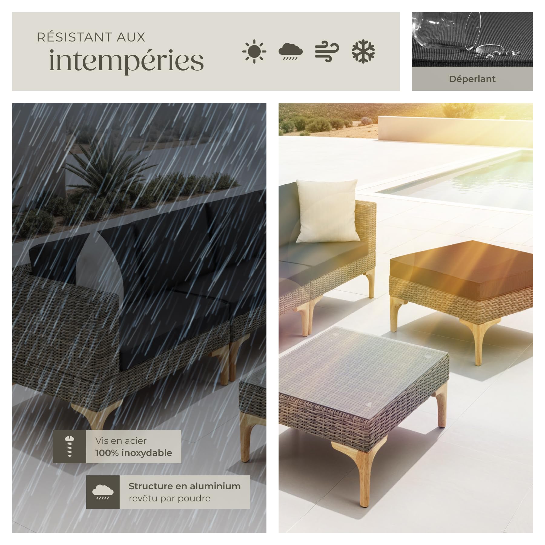 tectake® Ensemble Salon de Jardin Exterieur en Poly Rotin Modulable Bain de Soleil 4 Places 1 Canapé 1 Tabouret Pouf et 1 Table de Jardin, Mobilier de Jardin pour Amenagement Balcon Terrasse Veranda