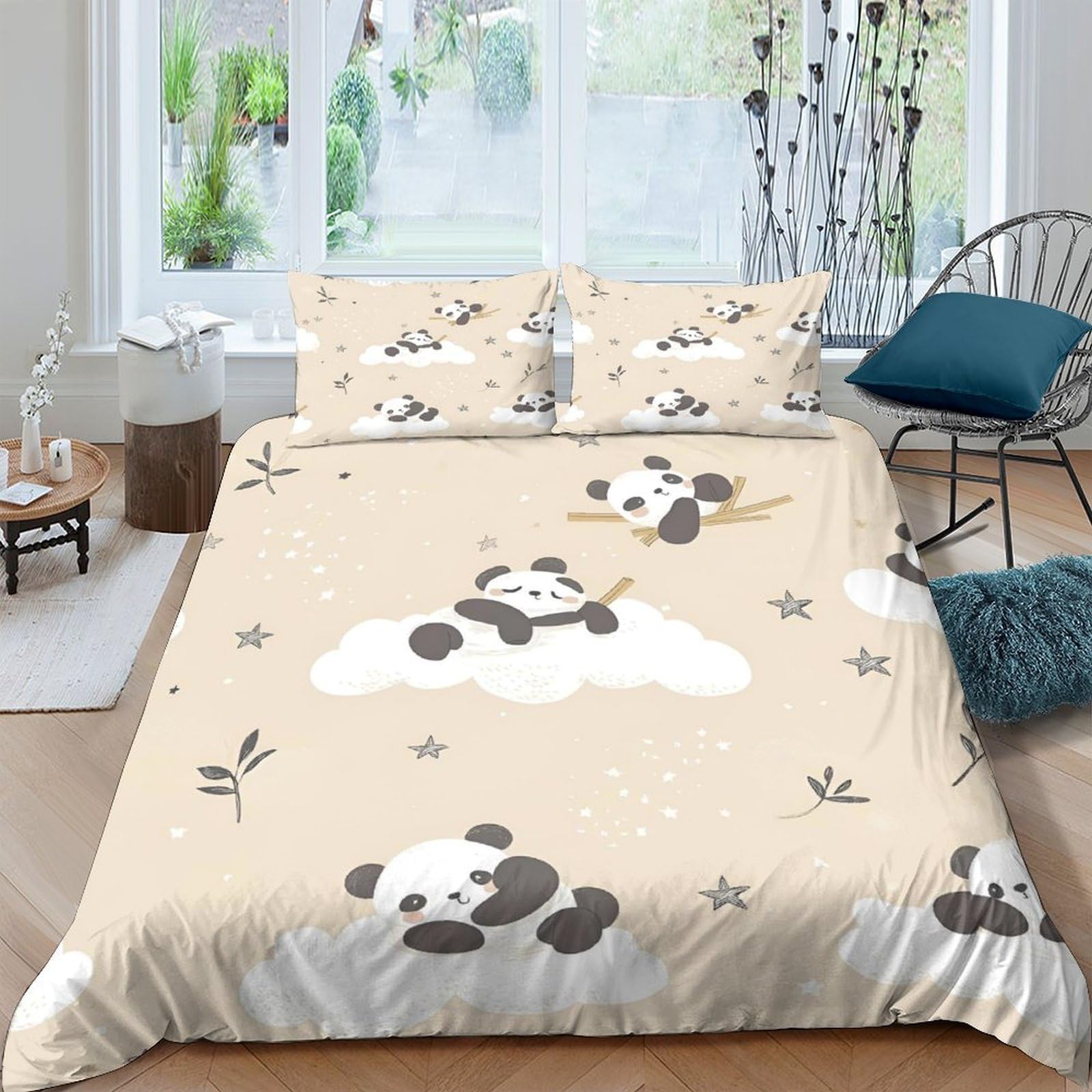 Ctjqhvkz Style-9 3D Printed Cartoon Panda Fitted Sheet Microfiber Soft Beige Clouds Mattress Cover For Bedroom Dorm Decor Protection Single（135X200cm）