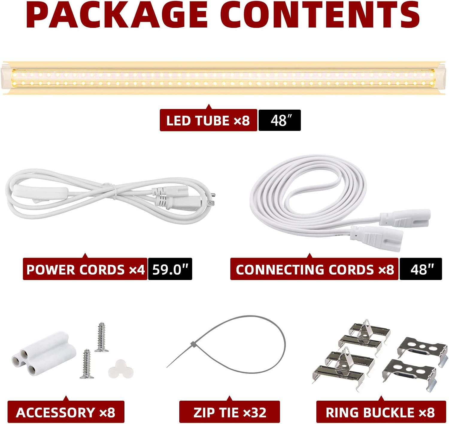 Kihung (Pack of 8) LED Grow Lights, 4FT T8 Grow Lights, 336W(8×42W) Full Spectrum LED Grow Light Strips with Reflectors, High PPFD Value LED Grow Lights for Seed Starting