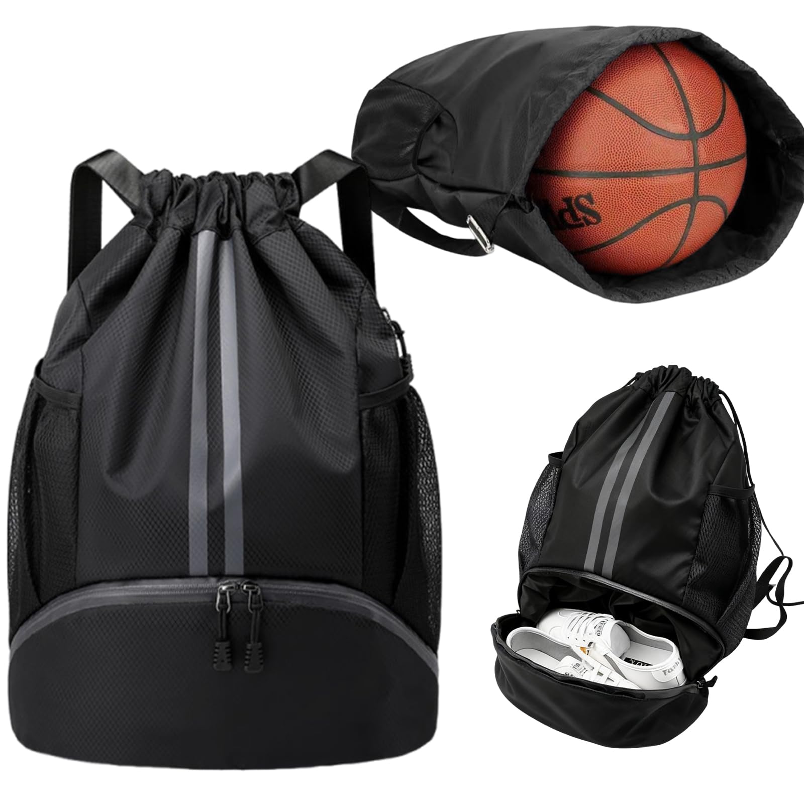 YANJINGSHE 35L Waterproof Drawstring Bag - Sports & Swimming Backpack with Shoe Compartment & Wet/Dry Pockets and mesh Water Bottle Pocket for Gym, Football & PE Kit (Black)