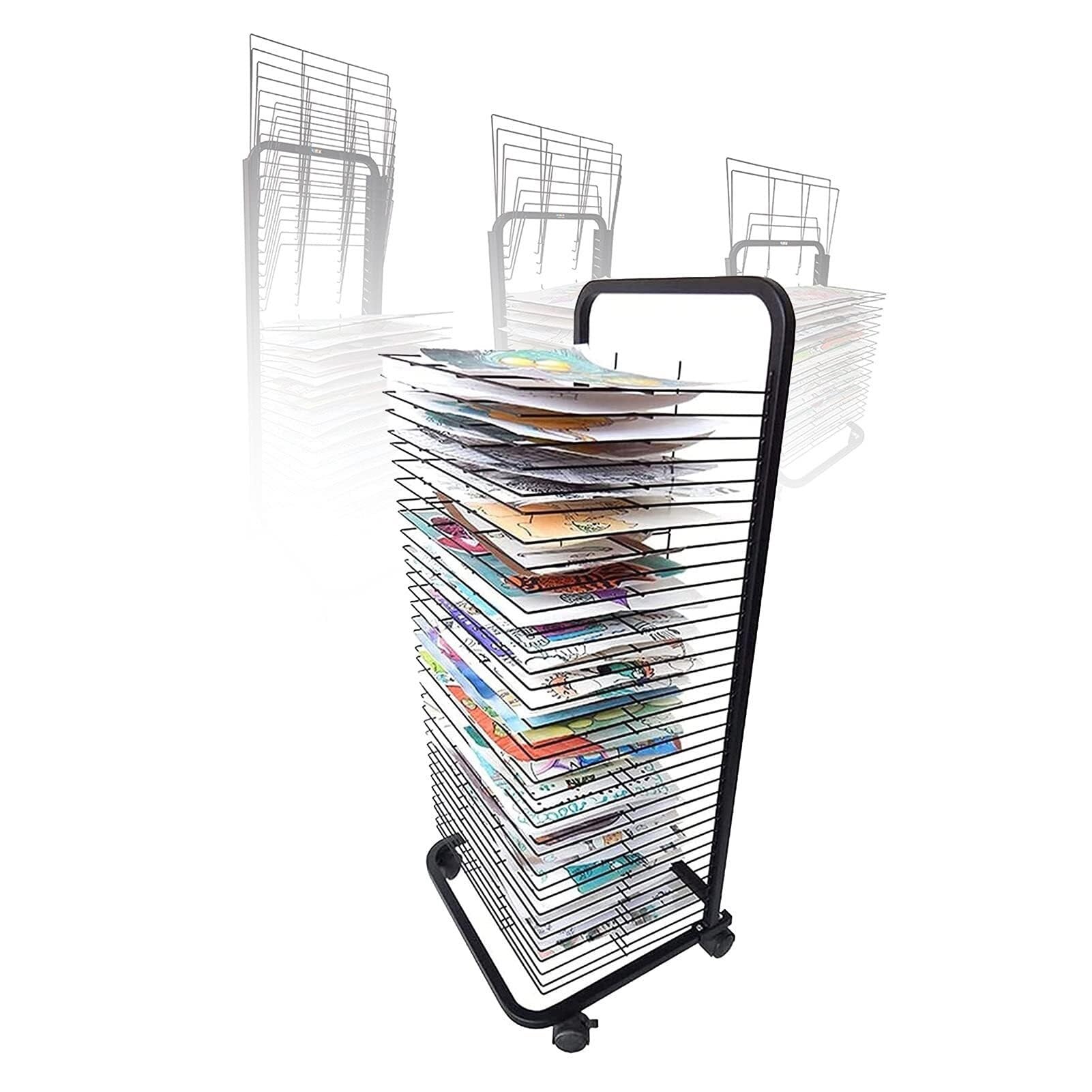 PPXCZZ Mobile Double-Sided Art Drying Rack Easel with 35 Layers, Sturdy Steel Construction, Space-Saving for Classrooms & Studios