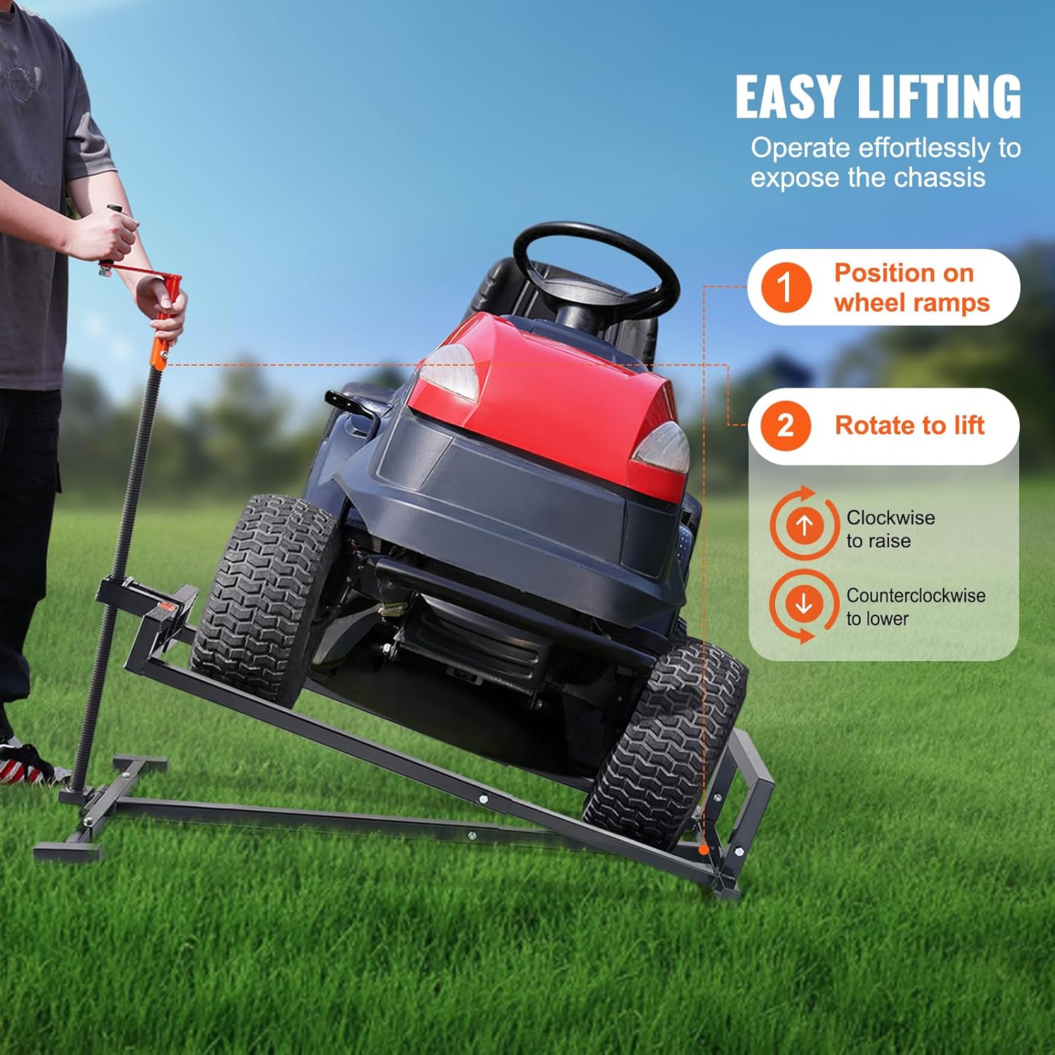 A person using a power drill to operate the VEVOR Lawn Mower Lift Jack, raising a riding lawn mower.