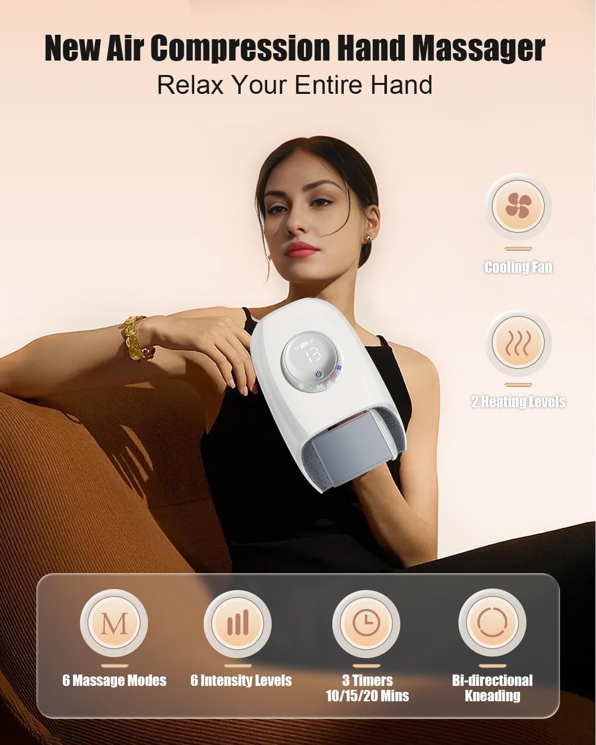 Hand Massager with Heat and Cooling, Electric Cordless Hand Massager for Relaxation, 6 Modes & Intensities, Palm Roller & Wrist Massage, Rechargeable, Ideal Gift for Women & Men (White) - Image 2