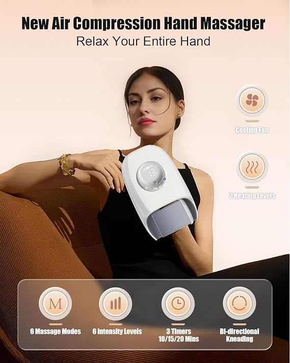 Hand Massager with Heat and Cooling, Electric Cordless Hand Massager for Relaxation, 6 Modes & Intensities, Palm Roller & Wrist Massage, Rechargeable, Ideal Gift for Women & Men