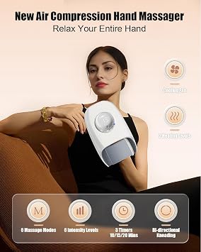 Hand Massager with Heat and Cooling, Electric Cordless Hand Massager for Relaxation, 6 Modes & Intensities, Palm Roller & Wrist Massage, Rechargeable, Ideal Gift for Women & Men