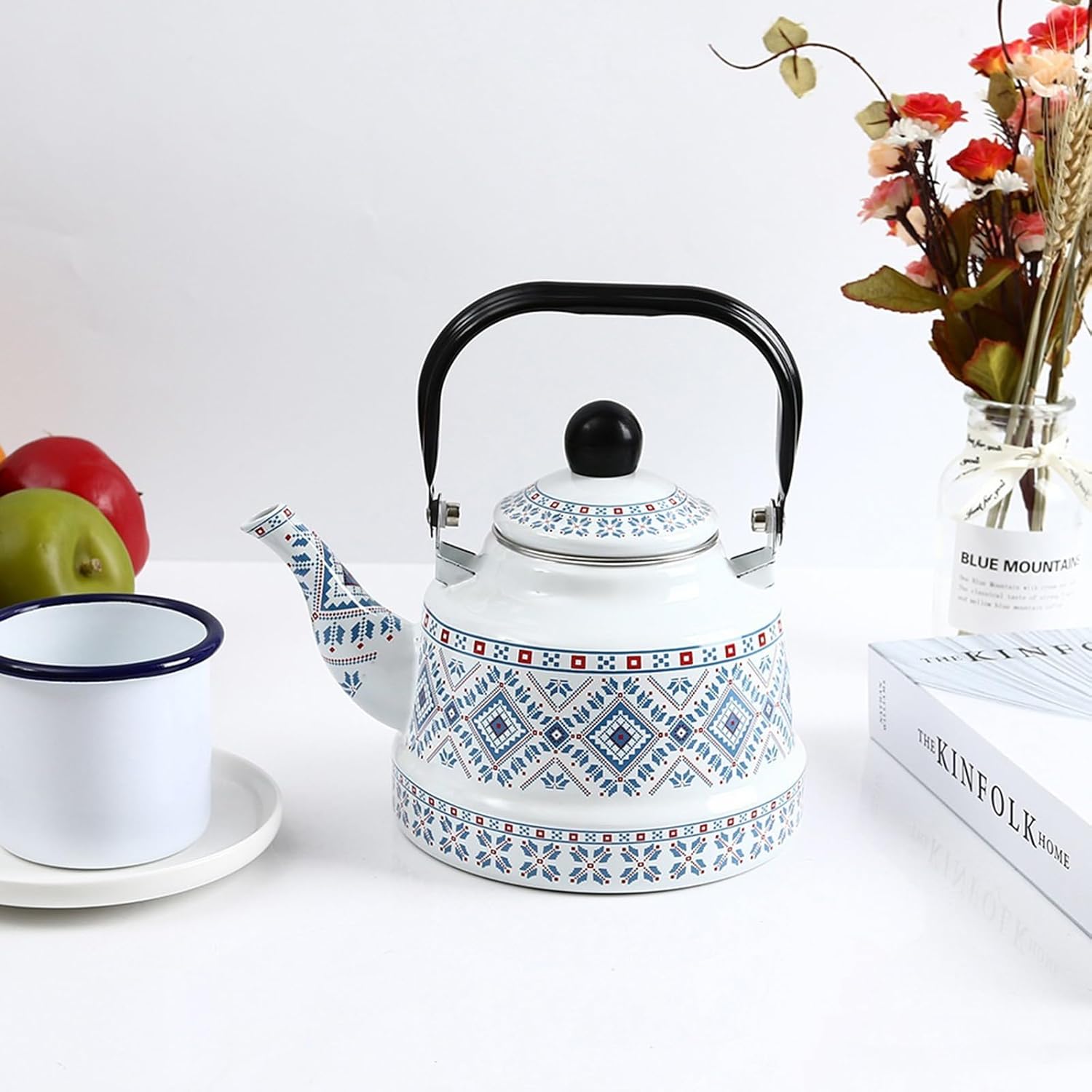Enamel Vintage Tea Kettle Camping Coffee Pot Teapot for Stovetop(Blue,2.5L)