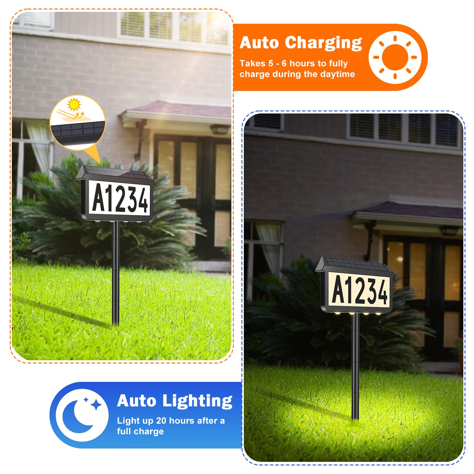 Brightever Solar-Adressschilder, Hausnummer für den Außenbereich, wasserdicht, 3-farbige LED-beleuchtete Adressschilder mit Pfahl, wandmontiert, solarbetrieben, beleuchtete Adressnummern für Häuser, 1