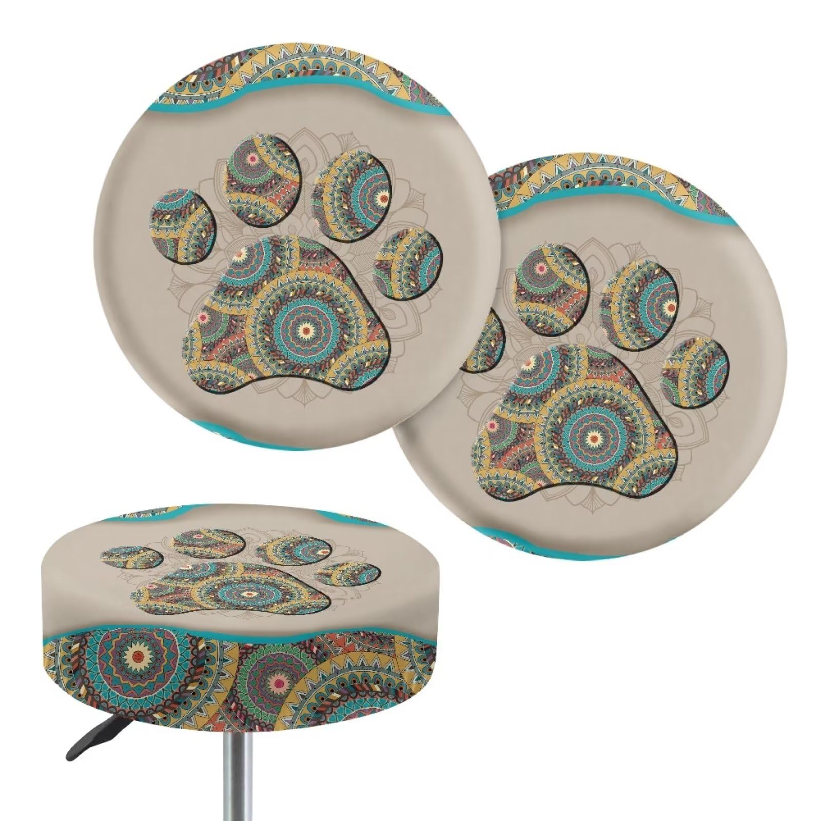 Lotusorchid Bar Stool Covers for Kids Round, Dog Paw Non Slip Stool Seat Covers Soft Stool Cushion Covers with Elastic Bands, Stretchy Stool Slipcover Bar Chair Covers (2 Pack), Beige and Green