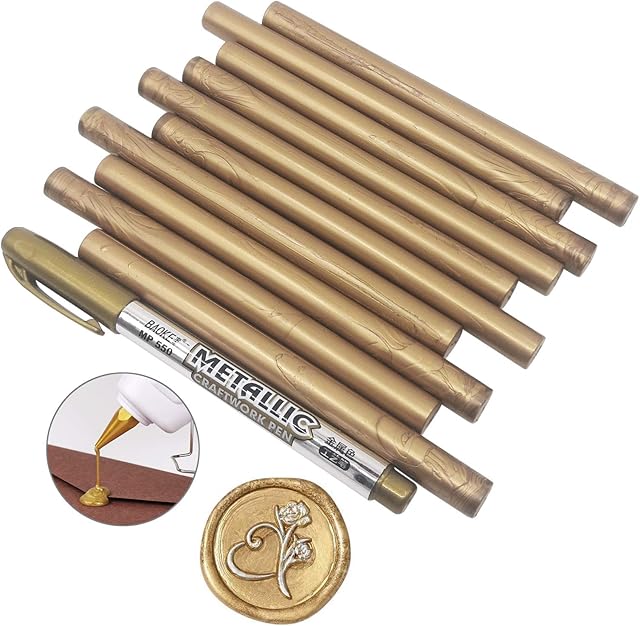 VARACL 10PCS Sealing Wax Sticks for Letter Vintage Wax Seal Stamp, Glue Gun Seal Wax for Wedding Invitations Envelopes Greeting Gift Cards, with A Metallic Gold Wax Seal Pen (Antique Gold)