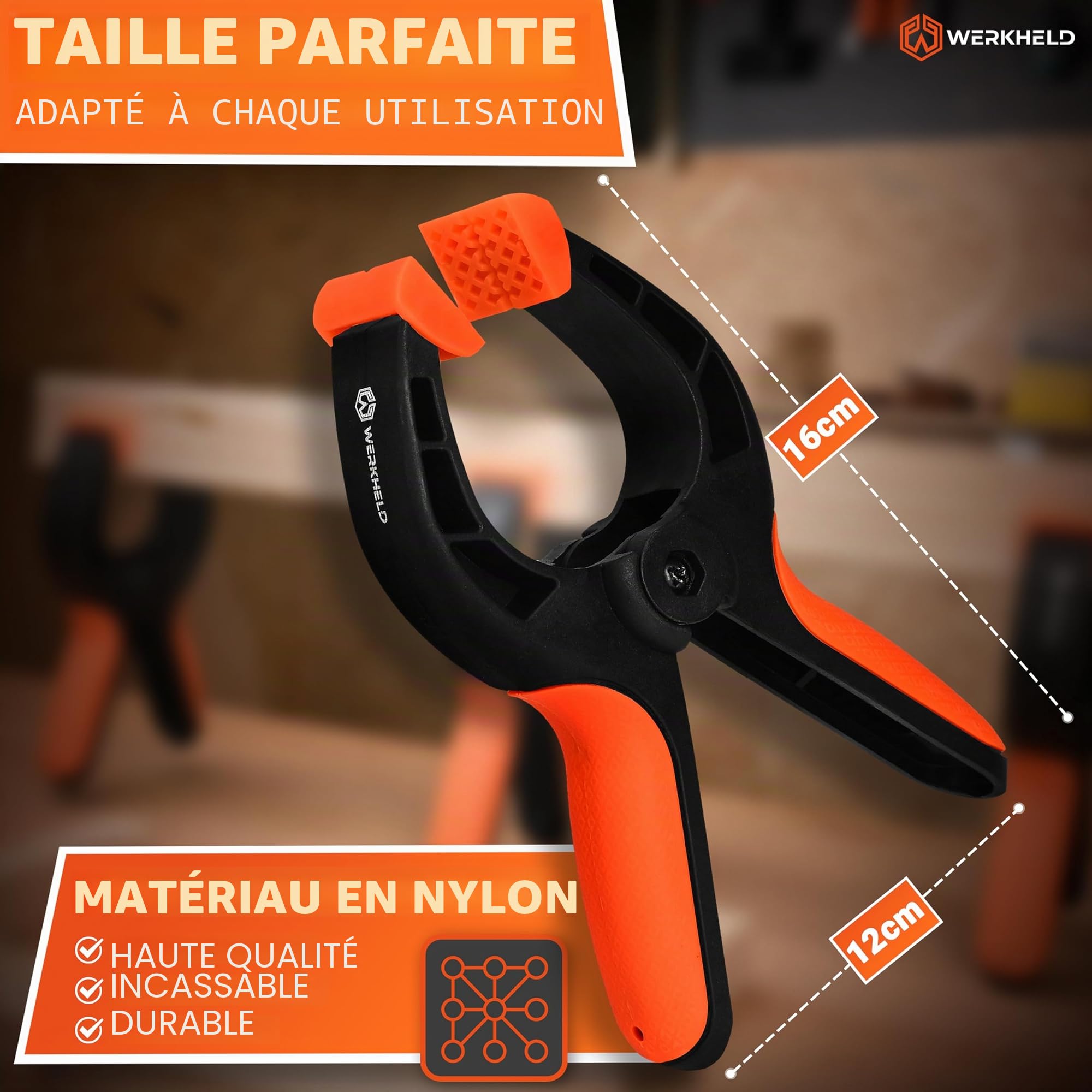 Lot de 10 pinces de serrage rotatives en nylon avec ressort en carbone et poignées caoutchoutées - Pincettes 7 cm et forte tenaille
