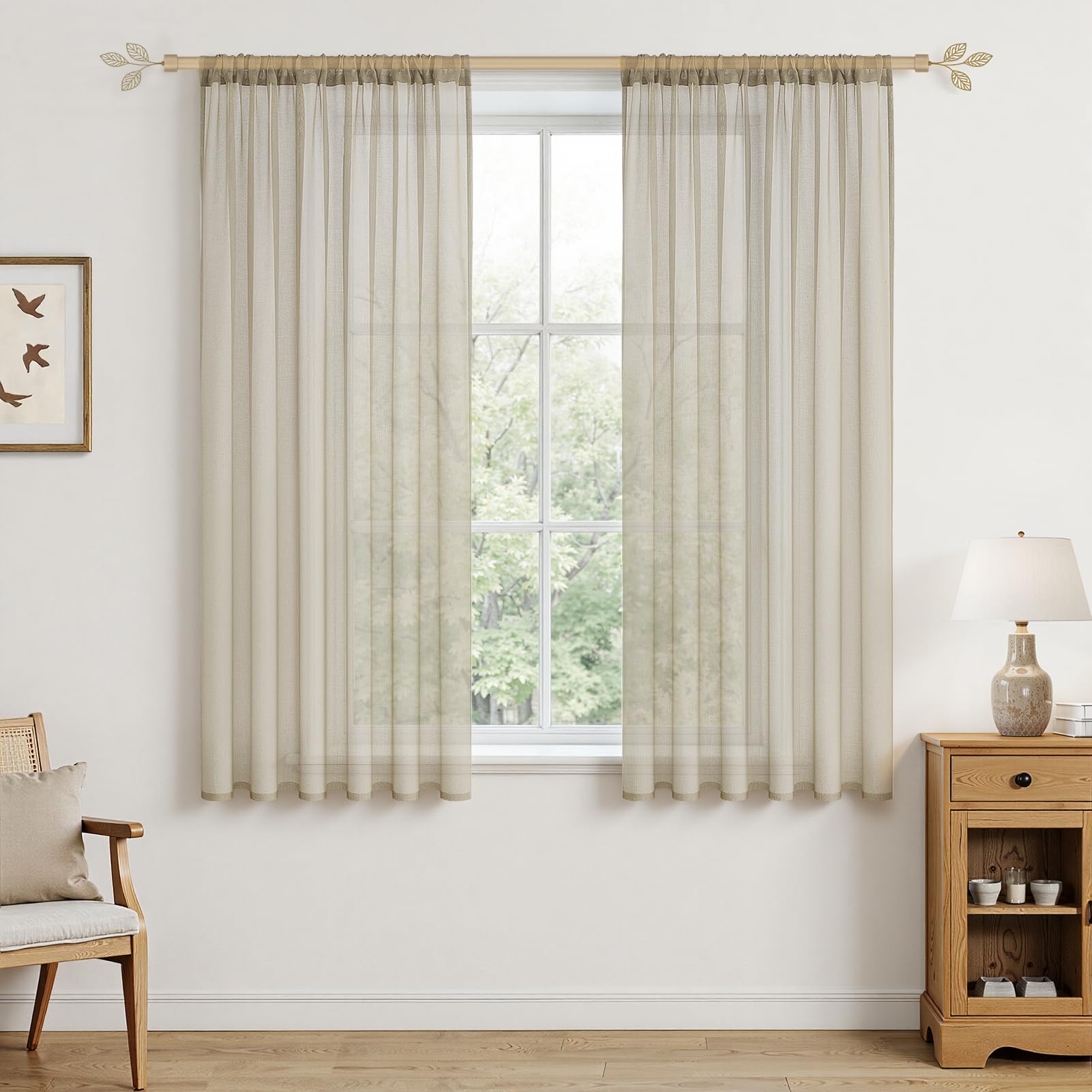 MRTREES Kitchen Net Curtains for Windows 45 Inch Drop, Voile Sheer Curtains with Rod Pocket for Cafe and Bedroom Semi-Transparent, 2 Panels 137x114 CM 54x45 Inch Beige โ image 1