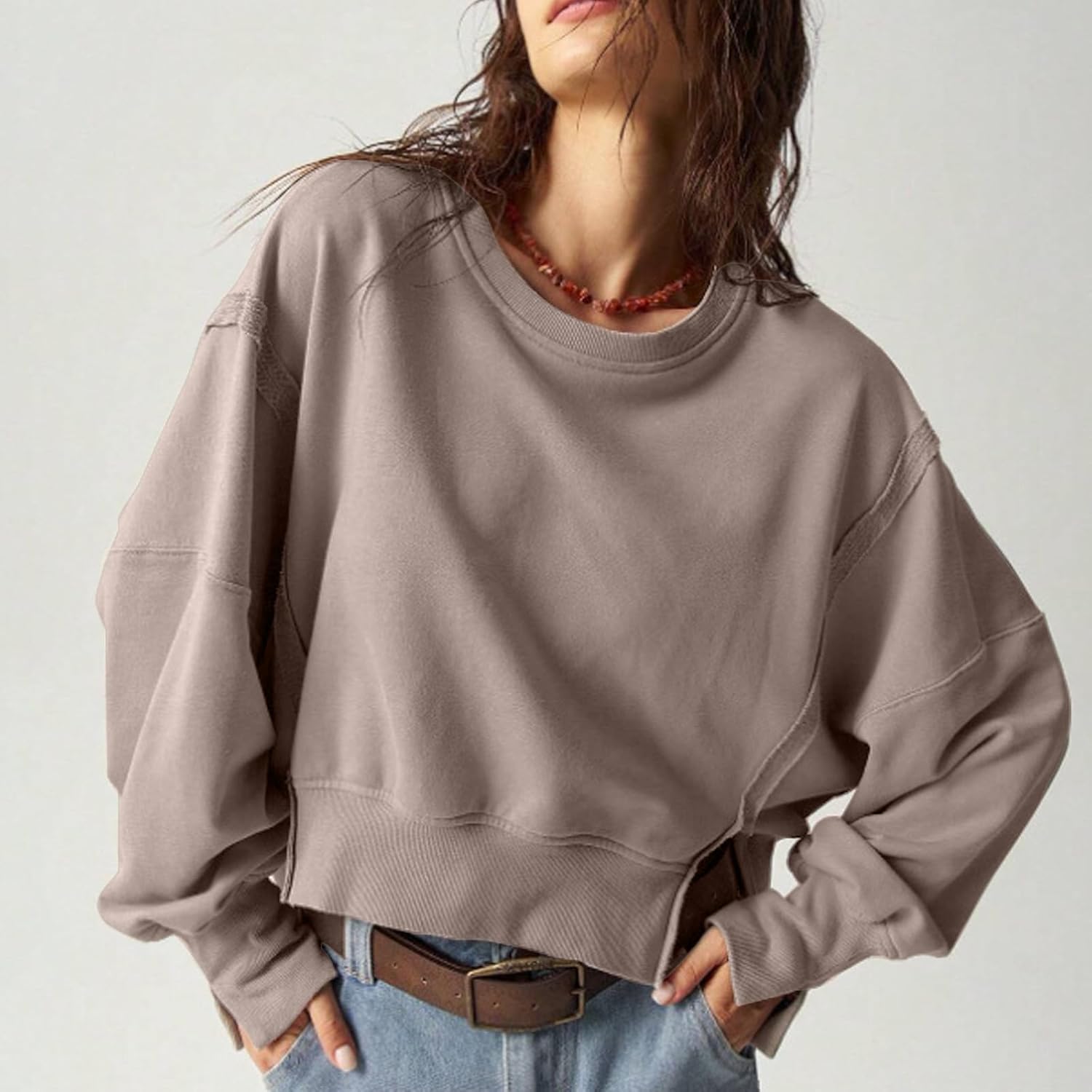 EGUGYDW Womens Crewneck Sweatshirts Cropped Long Sleeve Side Slit Loose Fit Teen Girls 2025 Fall Crop Pullover Tops - Image 6