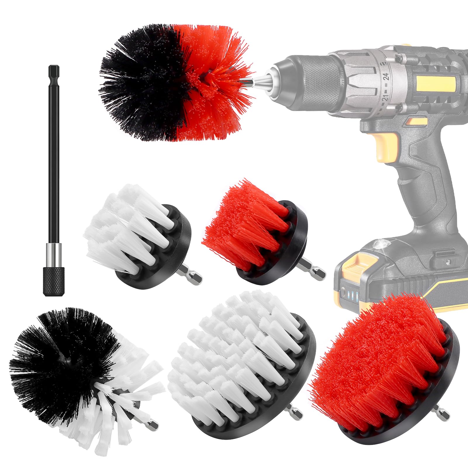VIBRATITE Bürstenaufsatz Bohrmaschine Set, 7 Stück Bürstenaufsatz Akkuschrauber Bürste Reinigungsbürste Felgenbürste Scrubber Reinigung Kit, Power Scrubber für Bad, Felgen & Polster, Rot & Weiß