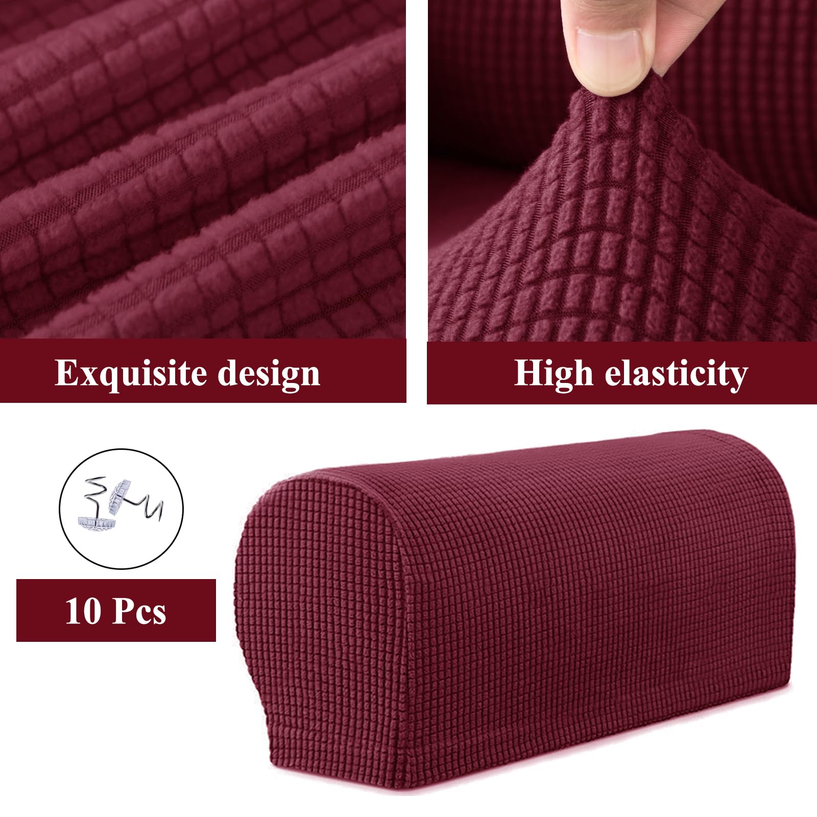 FUAAOLIY Stretch Armrest Covers for Chairs and Sofas Couch Arm Covers for Sofa Spandex Armrest Covers Anti-Slip Furniture Protector Washable Armchair Slipcovers for Recliner Set of 2 (Wine Red) - Image 2