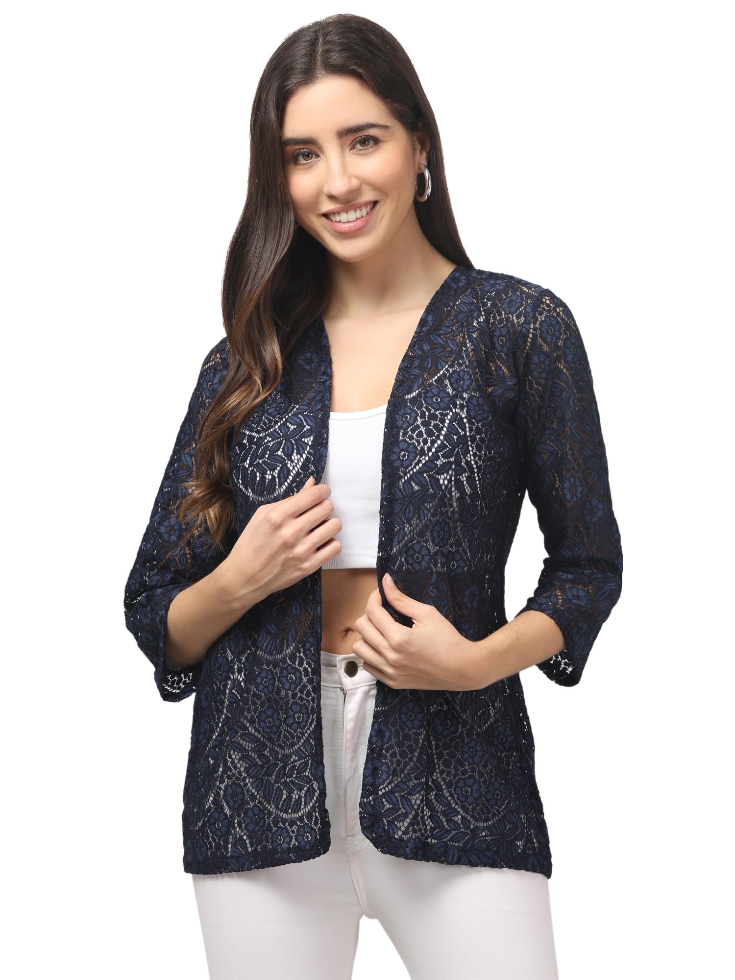Women’s Sheer Lace Shrug | 3/4 Sleeve Open Front Shrug for Girl's & Women | Net Cardigan Jacket for Casual, Party & Layering Wear-picture-30