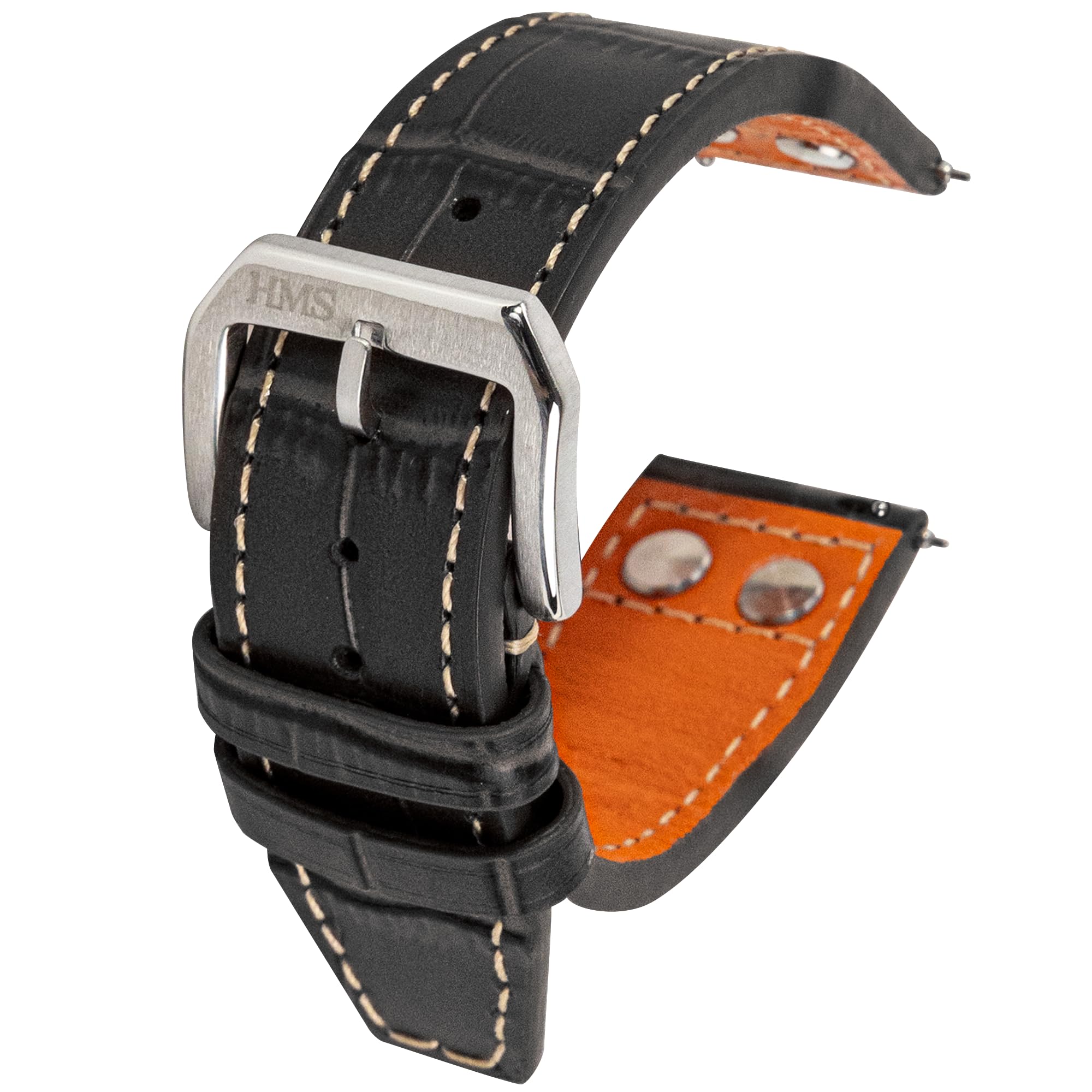 HMS, Correa de reloj de cuero con patrón clásico con tachuelas, 20 mm/22 mm, negro/marrón (negro, 22 mm)