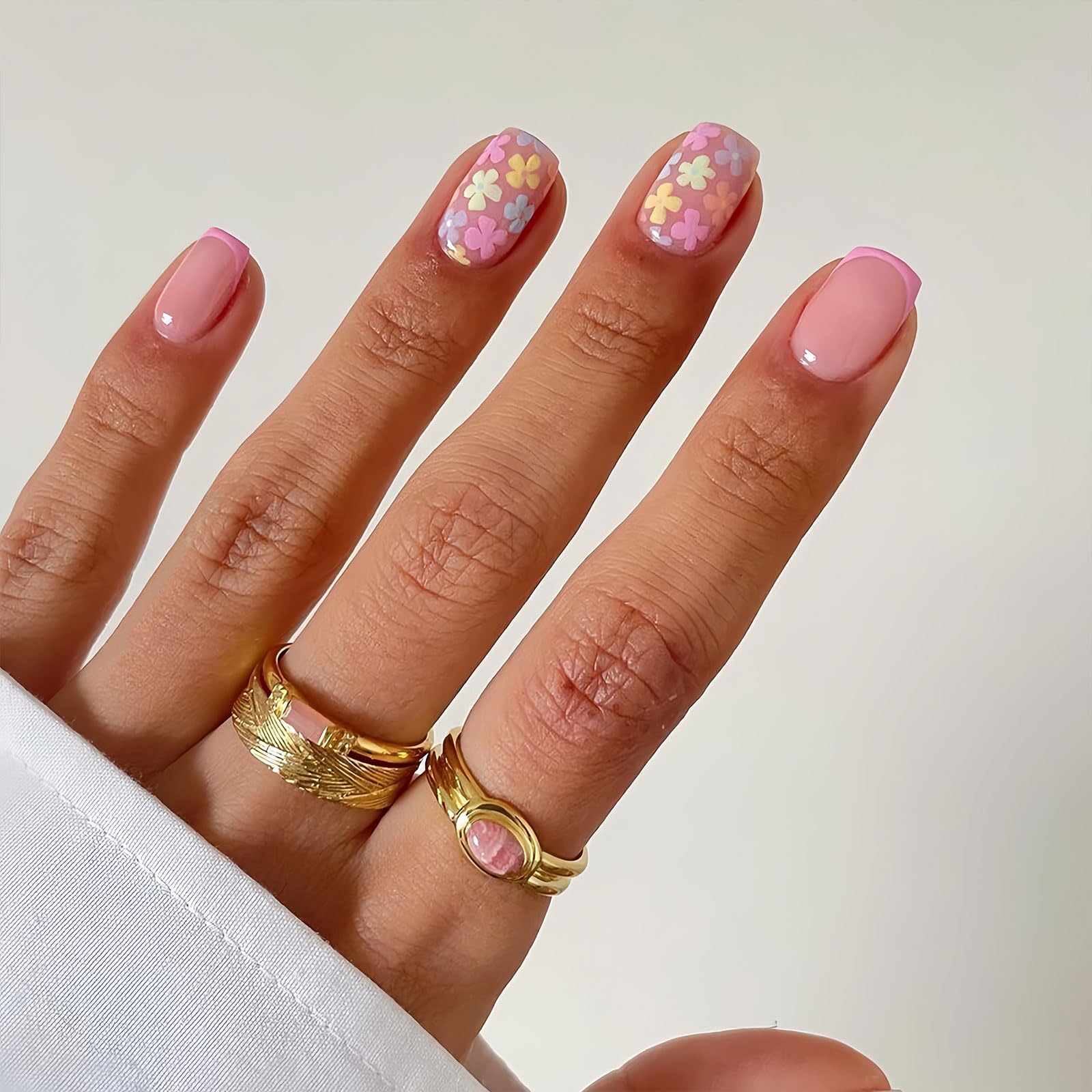 BFY Flower Press on Nails Short Square Fake Nails, Rose Red French Colorful Flowers Acrylic Nails Tip, Shiny Nude Glossy Gel Manicure Stick on Nails