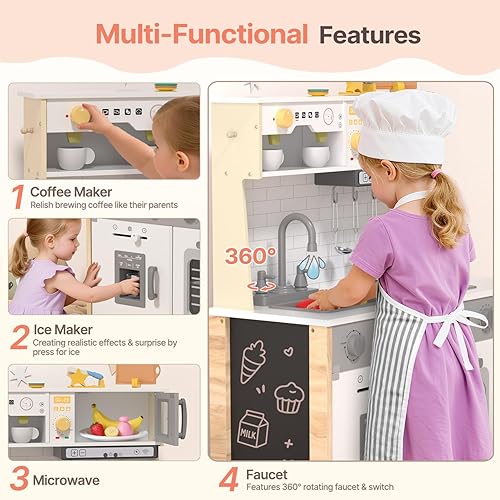 Miniatura 5 de BIERUM Juego de cocina para niños, juego de cocina de madera para niños pequeños con luces y sonidos reales, juguetes de altura ajustable de cocina