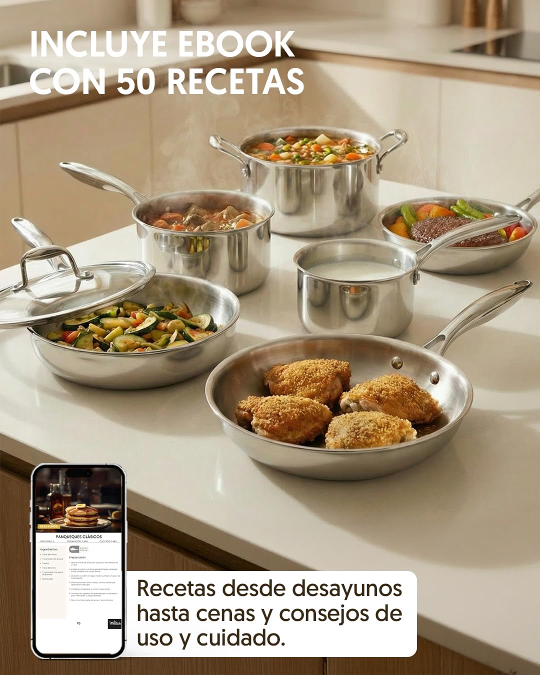 La Moustache - Batería de Cocina de Acero Inoxidable 10 Piezas con Tapas de Vidrio (Ø16/18/20/24/26 cm) - Juego de Ollas y Sartenes para Inducción, Sin Recubrimientos, Apta Lavavajillas (Titan Inox) — view 10