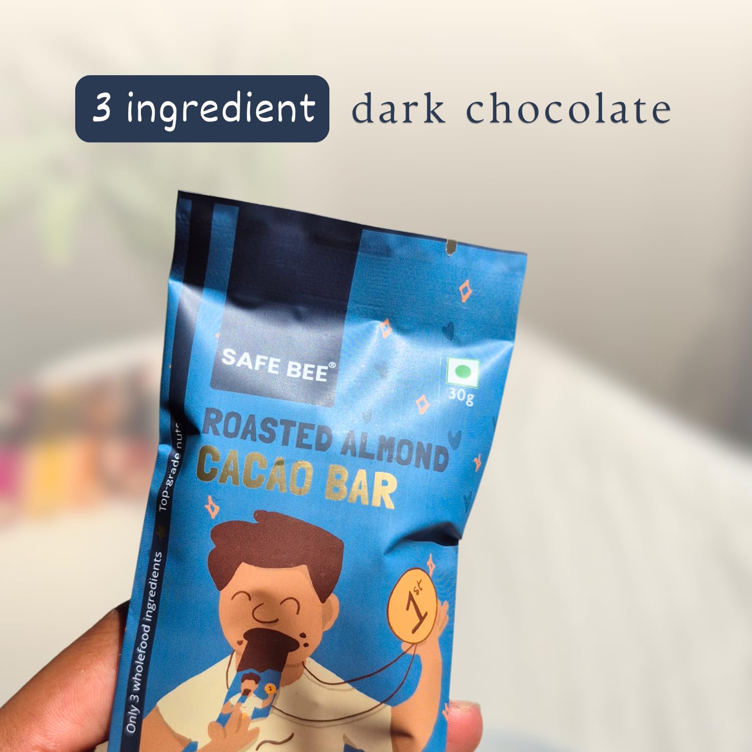 SAFE BEE Roasted Almond Cacao Bar 30g | Pack of 4 (30g x 4) | 3 Wholefood Ingredients | Whole Date-Sweetened | 60% Dark Chocolate & 40% Almonds | Kid-Approved | Vegan | Gluten-Free | Top-Grade Nuts | No Preservatives | No Artificial Sweeteners | Nutrition-Focused — Amazon image 3