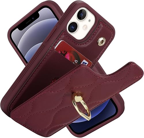 Miniatura 2 de Funda para iPhone 12 Mini con tarjetero, tarjetero de crédito, soporte de anillo de soporte y bloqueo RFID, piel sintética a prueba de golpes, para