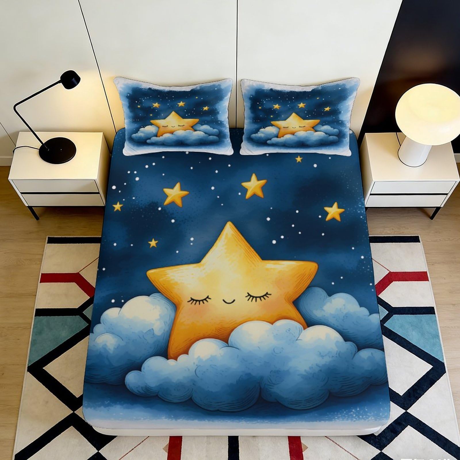 3D Printed Dreamy Star Night Fitted Sheet Microfiber Soft Blue Bed Cover for Bedroom Dorm Mattress Protection Decor 90x200x25cm