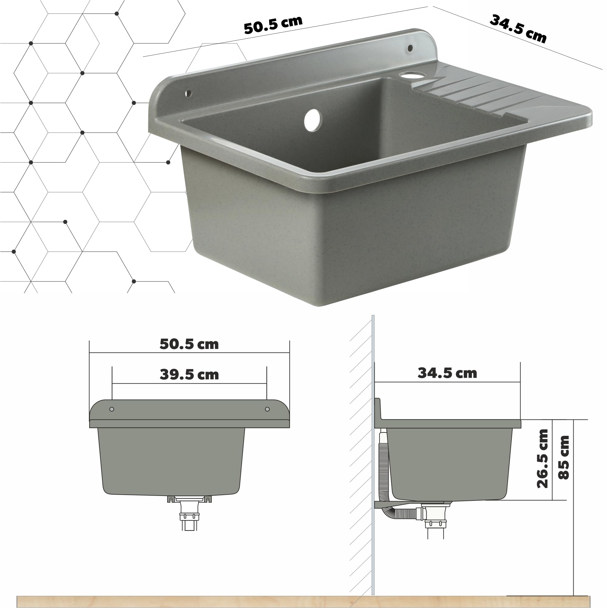 GOSPO Fregadero de polipropileno, 50,4 x 34 x 26,5 cm, fregadero con grifo, sifón y kit de montaje, lavabo, lavabo, lavabo, fregadero de cocina (gris)