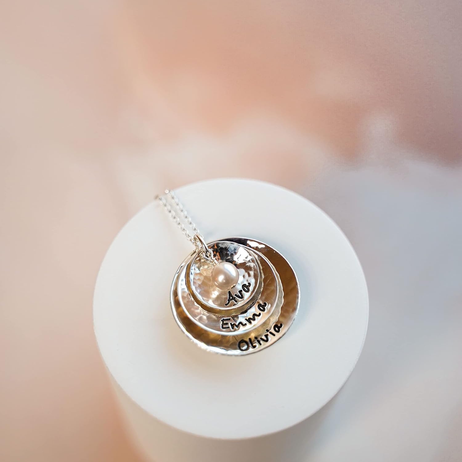 AJ's Collection Tripio Personalized Sterling Silver Necklace with 3 Customizable Discs Hand Finished, Includes Crystal Pearl, Choice of Sterling Silver Chain, Gifts for Her, Mother, Grandmother, Wife