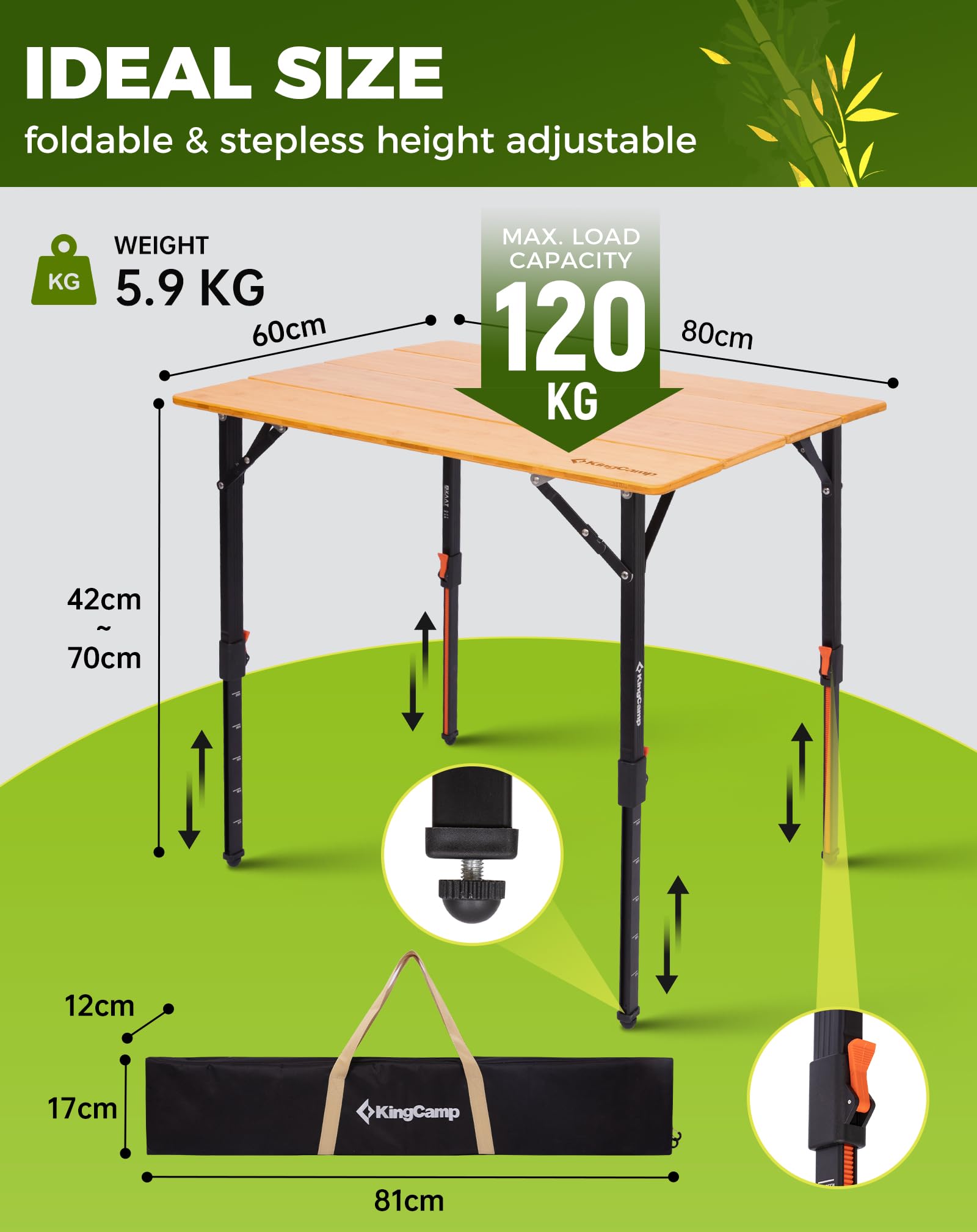 KingCamp Składany stół kempingowy z naturalnego bambusa, regulacja wysokości (42-70 cm), obciążenie 120 kg – wytrzymały składany stół na kemping, do ogrodu i na piknik