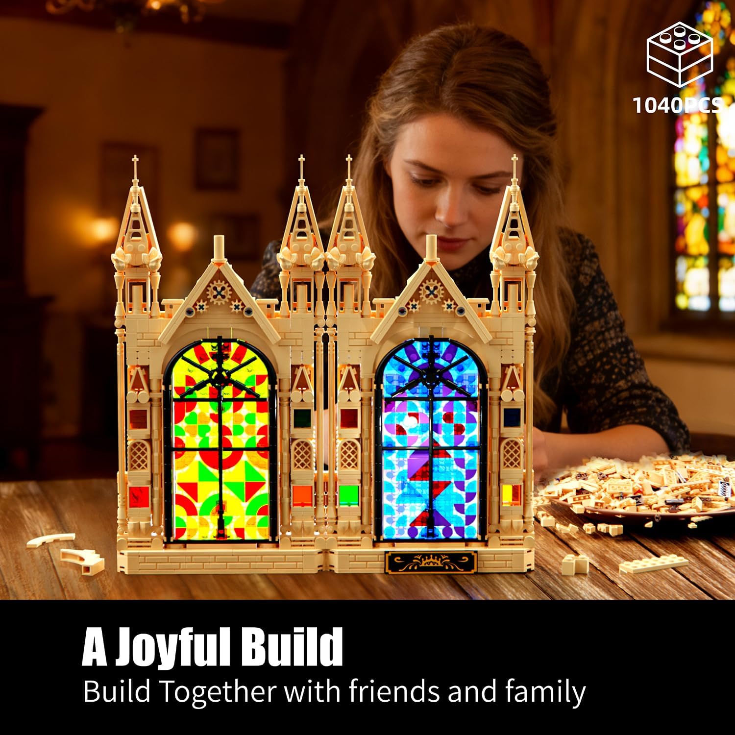 Gothic Church Architecture Building Block Set with Lights, MOC Castle Model Kit with Stained Glass Windows, Compatible with Lego for Adults, Ideal Gift Toy for Home Display & Art Decor (1040 PCS)
