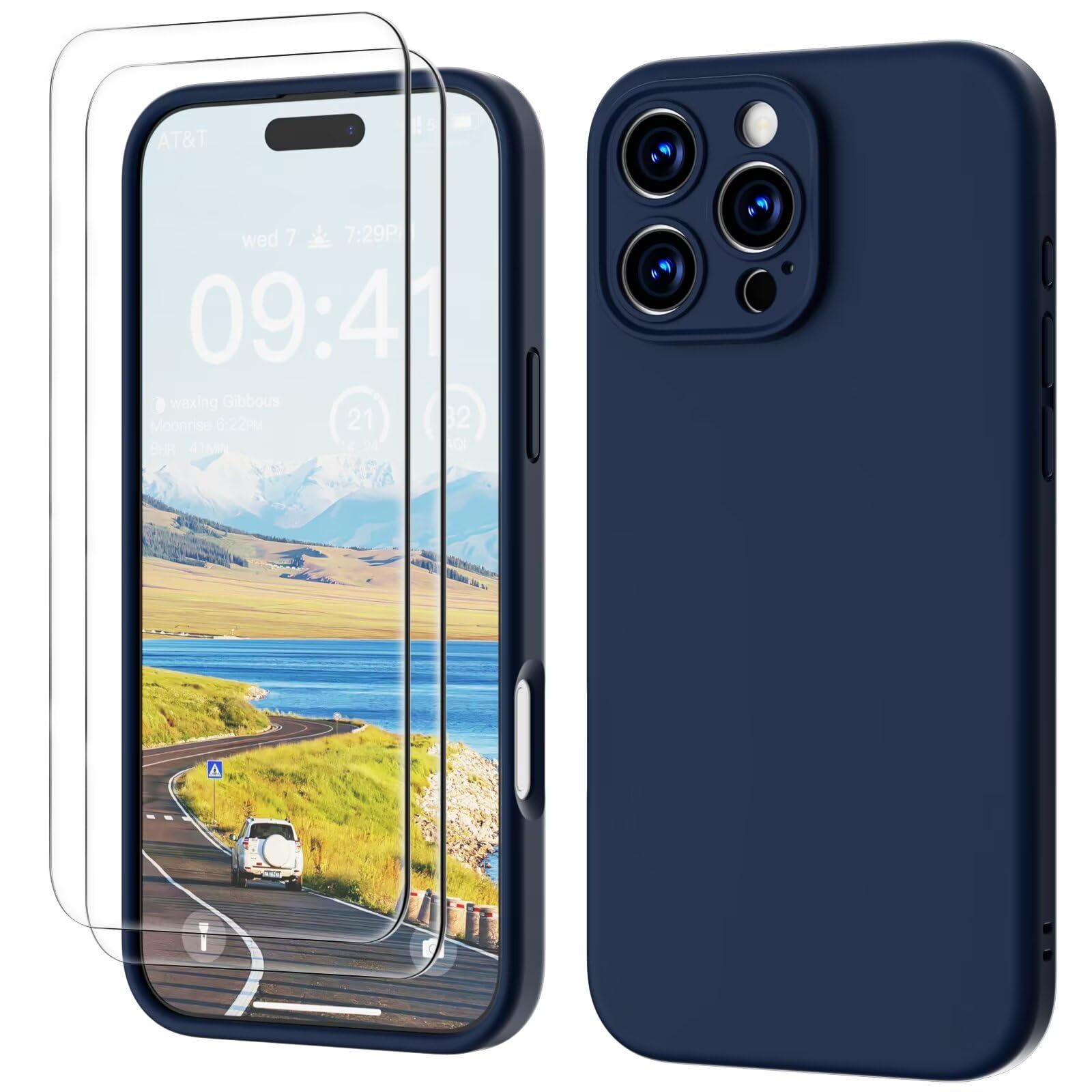 GOODVISH 3 in 1 Silicone Cover per iPhone 16 Pro Max 6.9", Custodia con 2 Pellicola Vetro Temperato [Protezione Fotocamera] Protezione Anticaduta Case per Cellulare Antiurto Resistente, Blu Navy