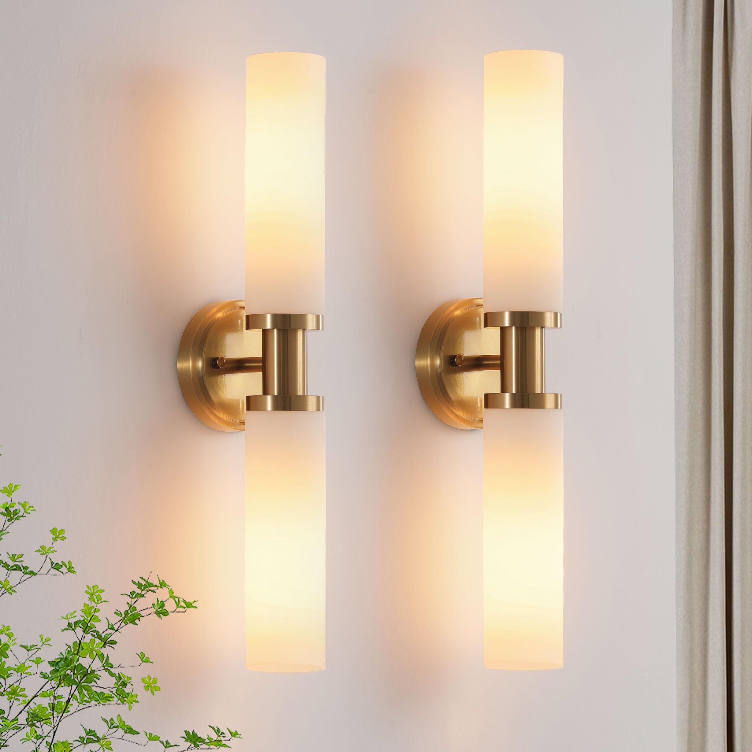 Wall Sconces Set of Two,Brass Gold Bathroom Sconces Wall Lighting with White Glass, Modern Sconces Wall Decor Set of 2 Wall Light fixtures for Bathroom Mirror Living Room Hallway Bedroom Wall Lamp