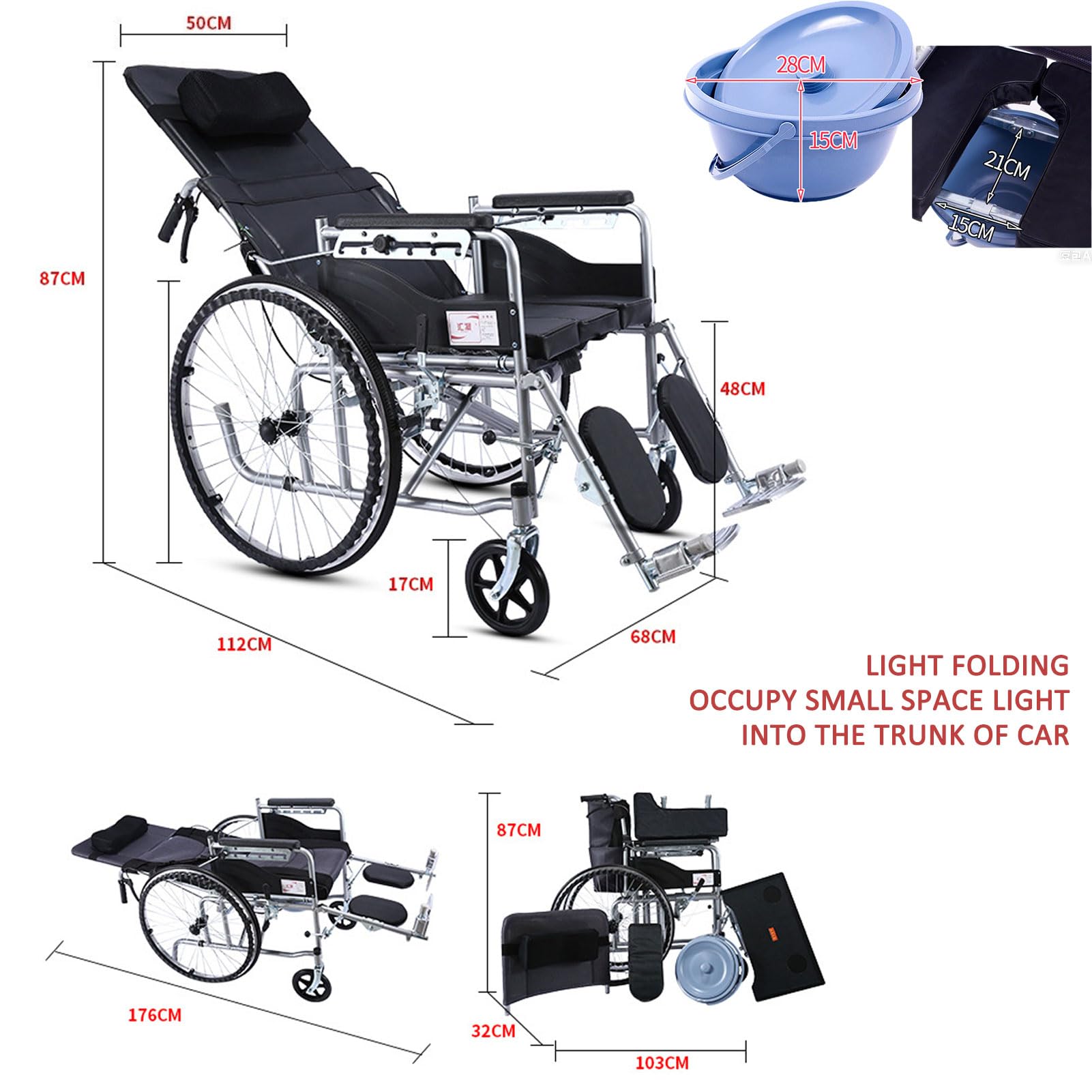 Silla de Ruedas Plegable reclinable, reclinable Ajustable en 6 Posiciones, cómodo Respaldo Plegable con Brazo y Pata de elevación, para Silla de Ruedas estándar para Adulto