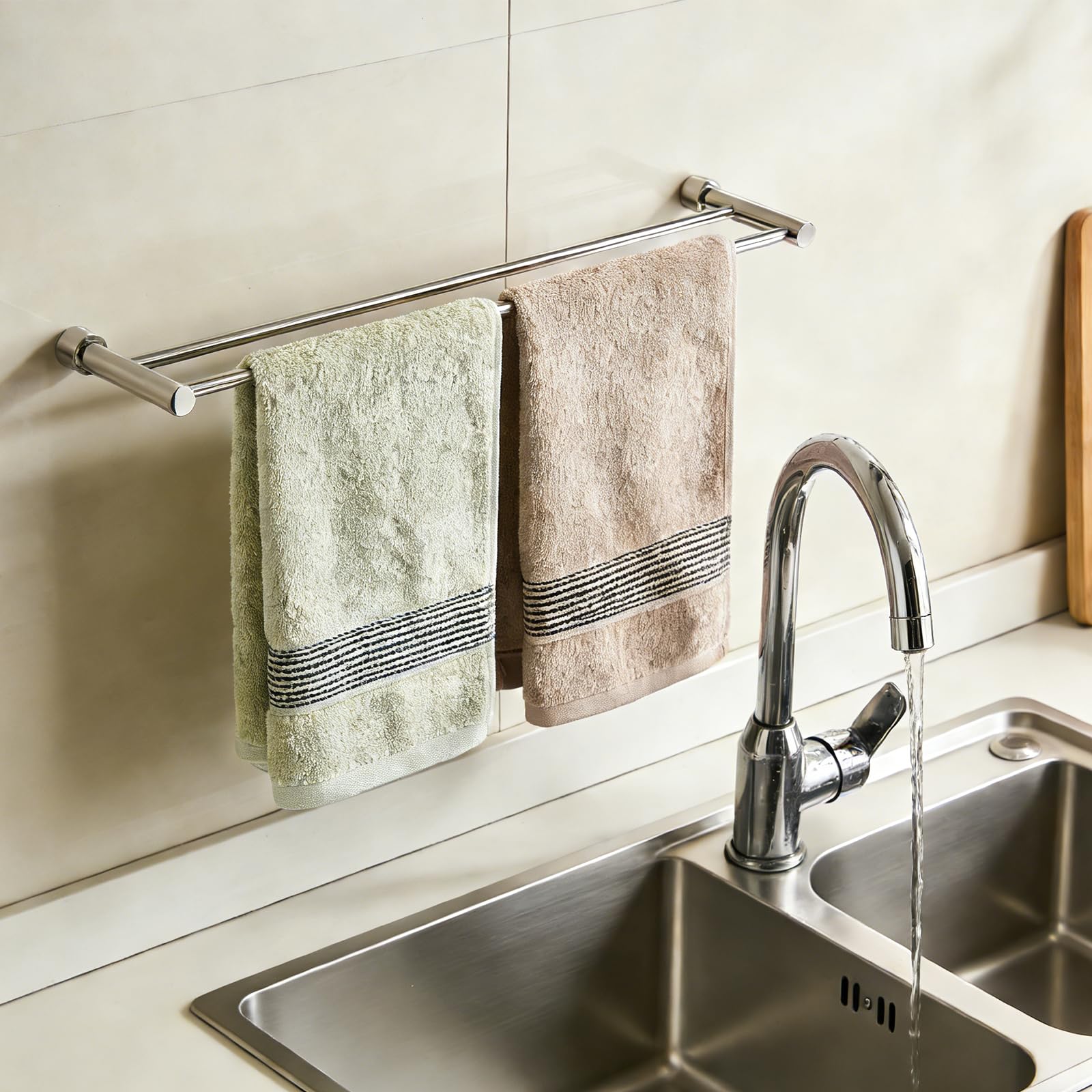 Toalleros de Baño con Taladro, Toallero de Baño Doble de Acero Inoxidable 304 Cepillado, Barra de Dos Brazos, Instalación de Taladro, Toallero para Pared de Ducha, Baño, Cocina - 80 cm, Plata